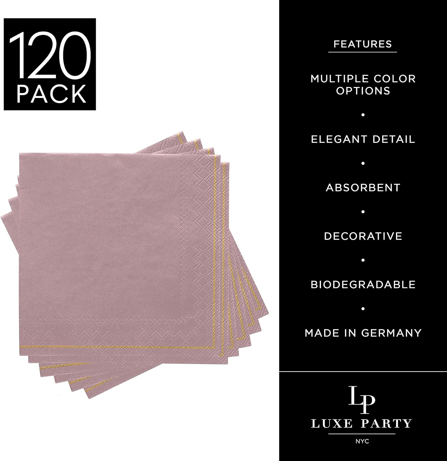 Luxe Party 120 Pack Sqaure Cocktail Napkins, Disposable, Premium 3 Ply Paper, 5 x 5 Inch, Decorative Beverage Napkin, Mauve with Gold Stripe