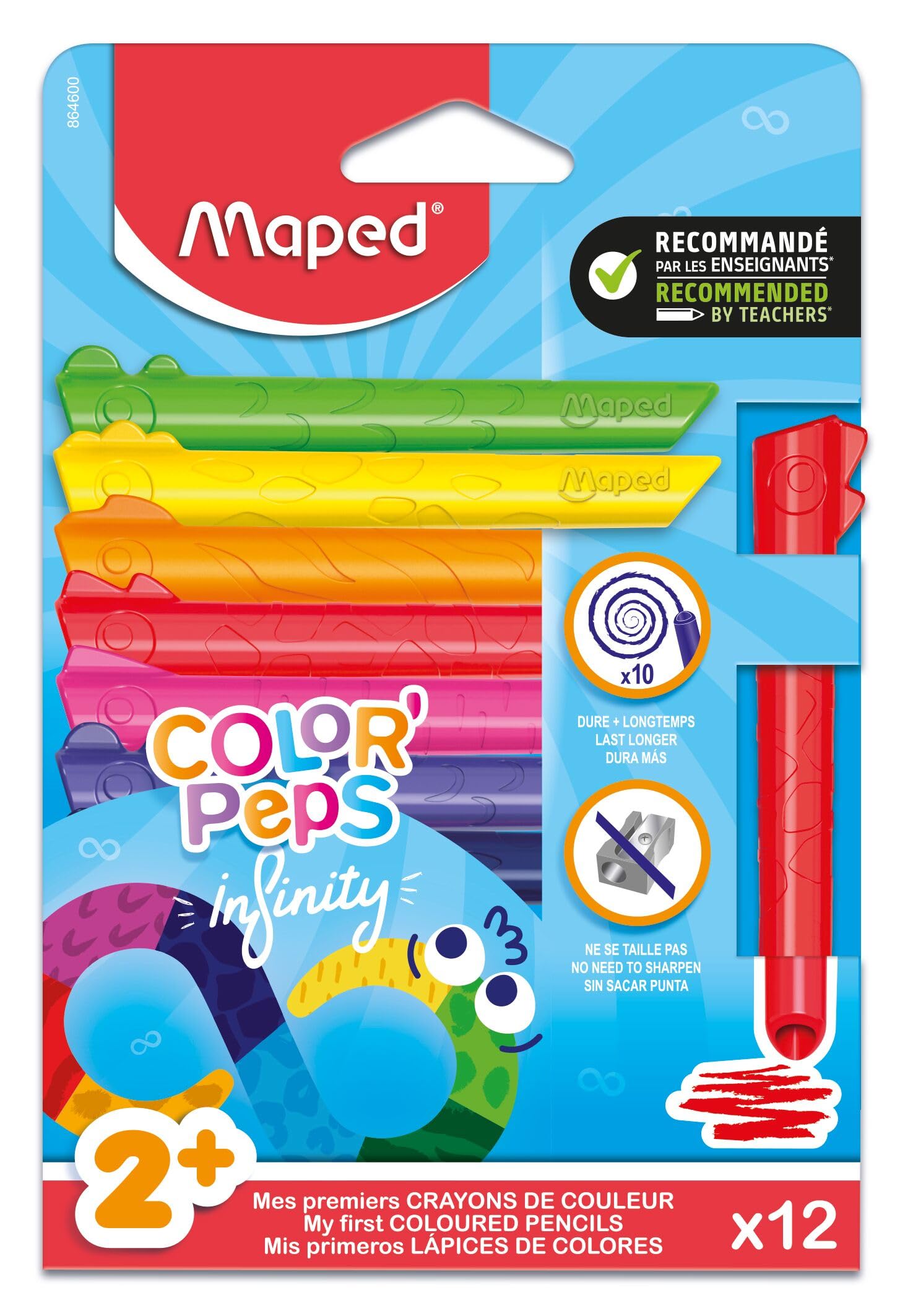 Maped Jumbo Infinity Coloured Pencils - For Children and Toddlers - 100% Usable, Zero Waste, No Sharpening - Lasts for a very long time - Ergonomic triangular shape - Pack of 12 colouring pencils