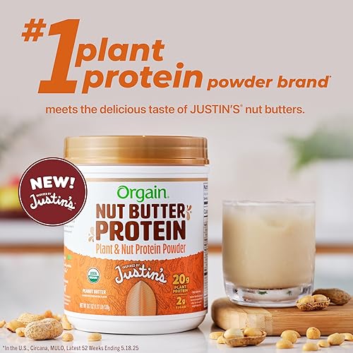 Miniatura 3 de Orgain X Justin's - Proteína en polvo orgánica vegana con mantequilla de nueces, mantequilla de maní - 20 g de proteína vegetal, 2 g de azúcar, sin