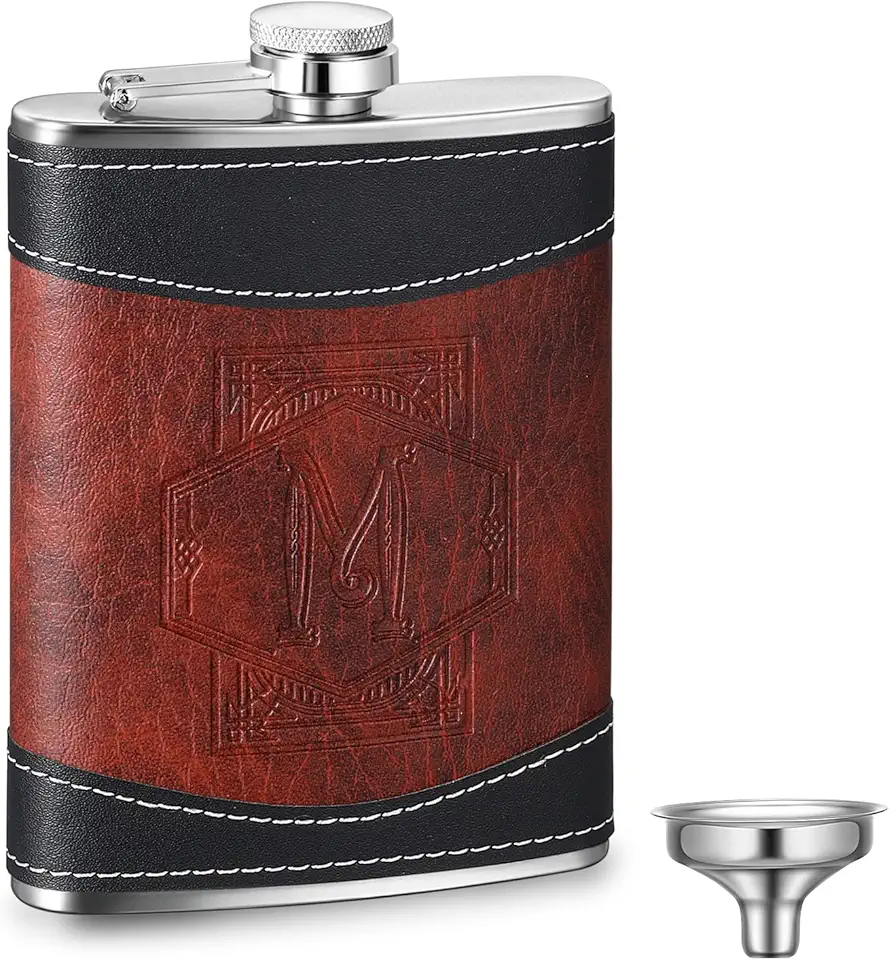 Baderke 8oz Leather Brown Hip Flasks for Liquor with Initials, Monogrammed Leak Proof Stainless Steel Drinking Flasks for Men Dad Grandpa Birthday Father's Day Wedding Groomsmen(Letter M)
