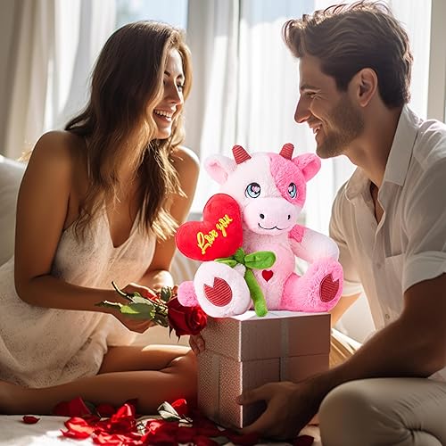 Miniatura 6 de IKASA Juguete de peluche de vaca con flor de corazón rojo para el día de San Valentín, lindo peluche de 10 pulgadas, suave y pequeño juguete