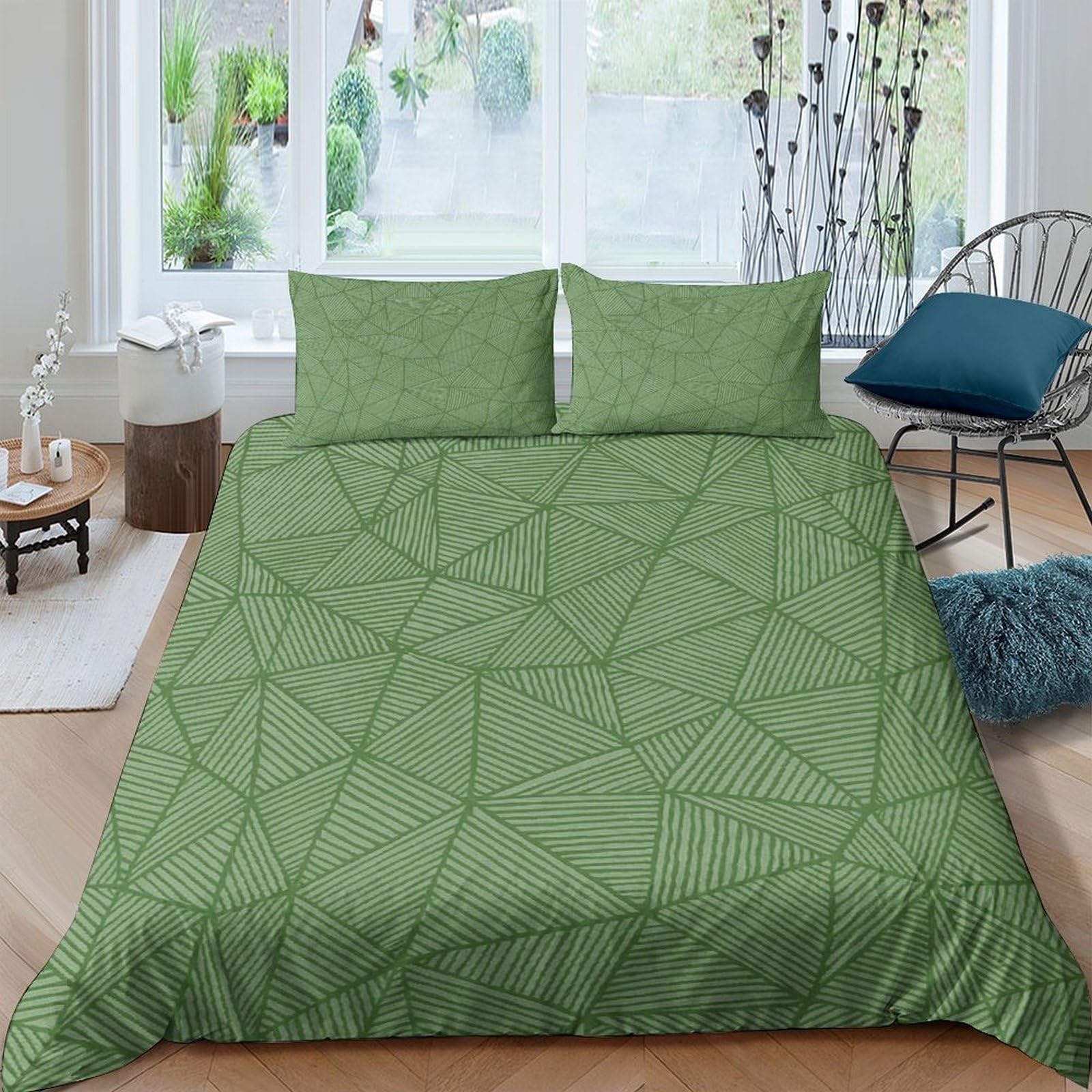 GPLZQXKJNH 3D Printed Geometric Green Duvet Cover Set Microfiber Breathable Abstract Bedding with 2 Pillowcases for Bedroom Home Single（135x200cm）