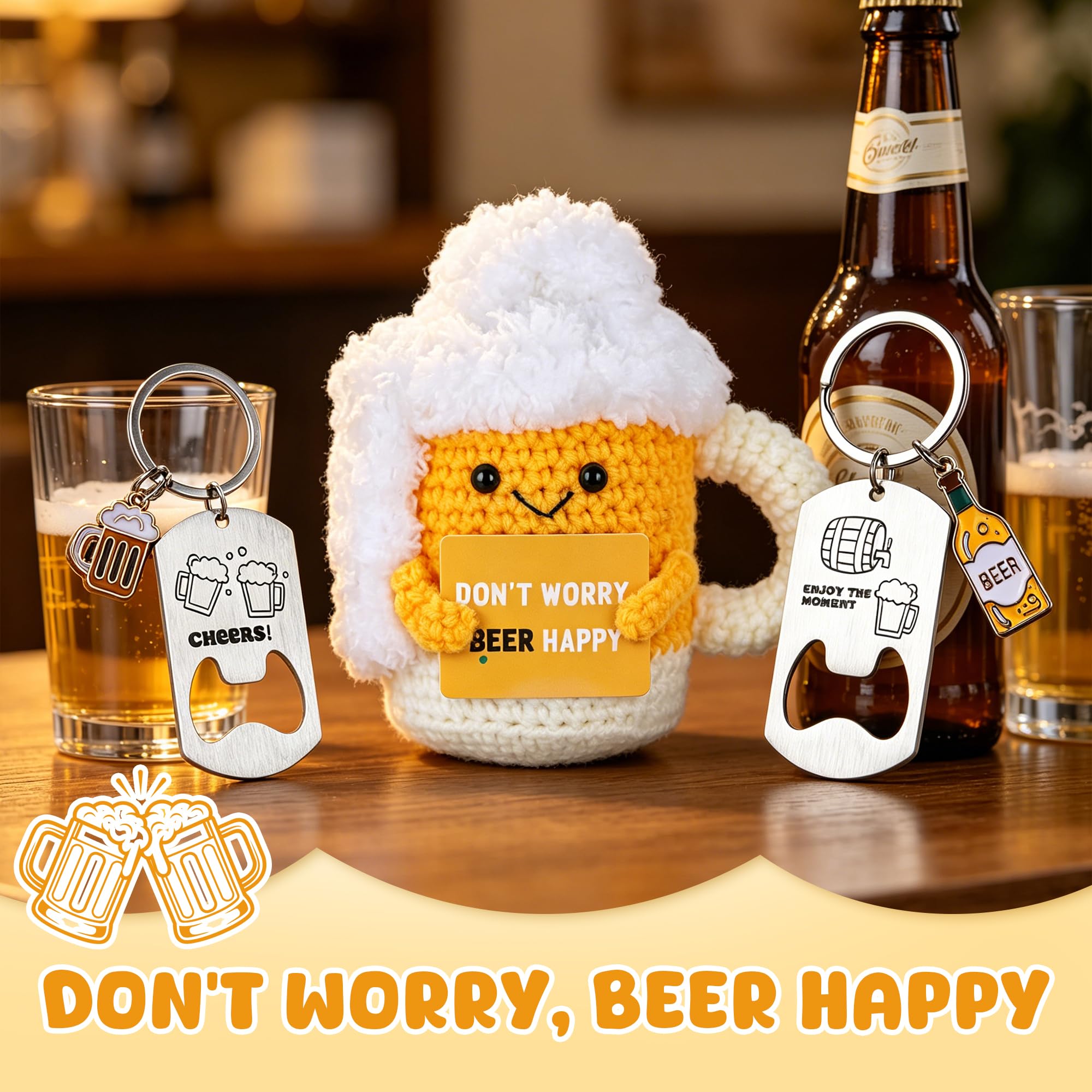 Regalo Cerveza Positiva Divertida, Muñecos de Ganchillo Jarra Cerveza con Tarjeta Positiva y 2 Llaveros Abrebotellas, Regalo Creativo Ganchillo para Amantes Cerveza, Familia, Amigos