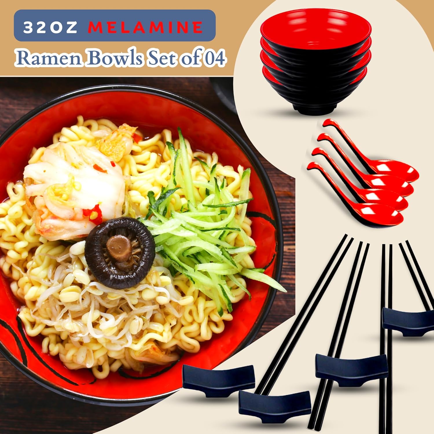 32oz Japanese Ramen Bowl Set – Red & Black Melamine Pho Bowls with Chopsticks, Spoons & Holders – Durable, Dishwasher-Safe Dinnerware for Ramen, Udon & Soups (20-Piece Set) - Image 5