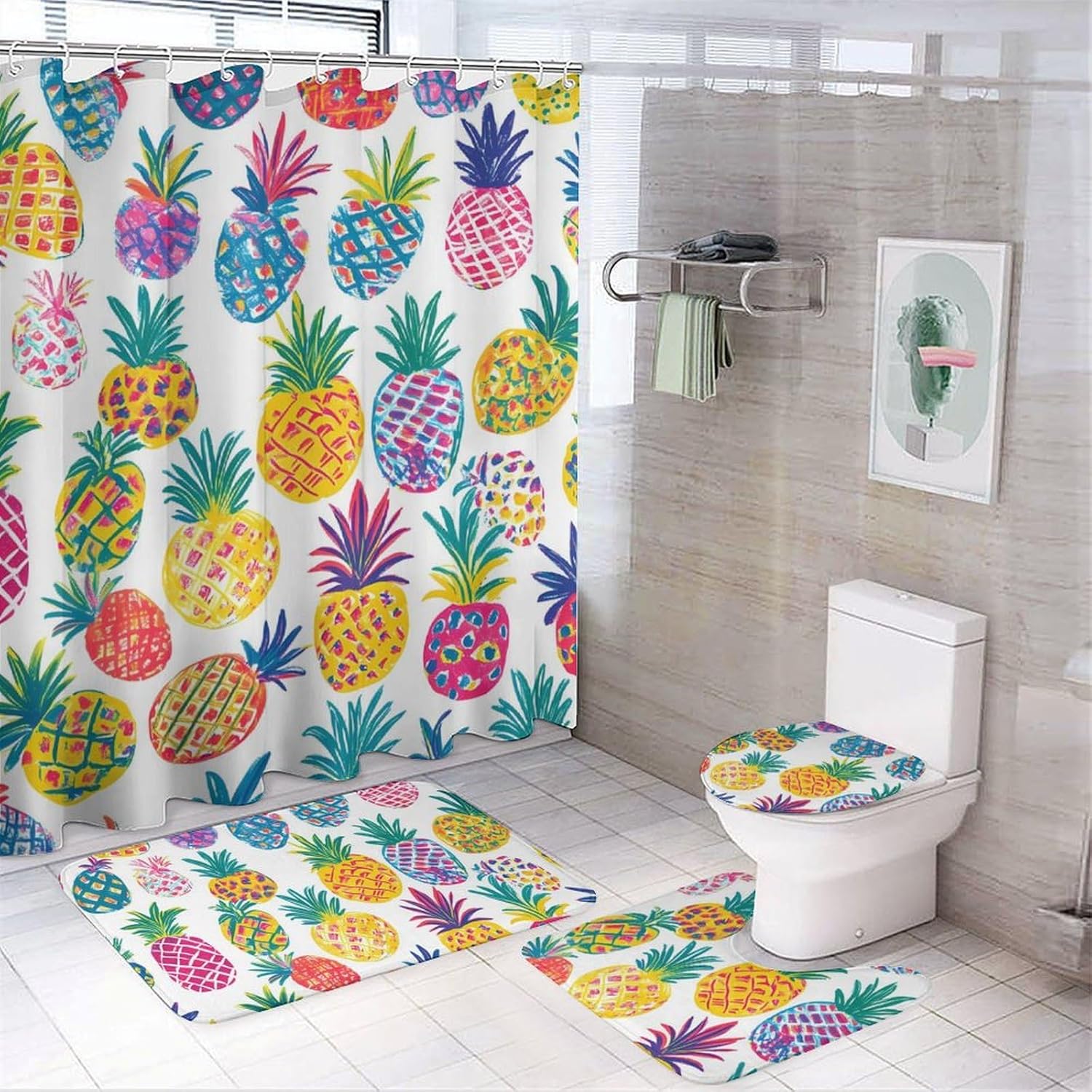 Colorful Pineapples Pattern Bathroom Sets with Shower Curtain and Rugs 4 Piece with U-Shaped Floor Mat Toilet Lid Cover