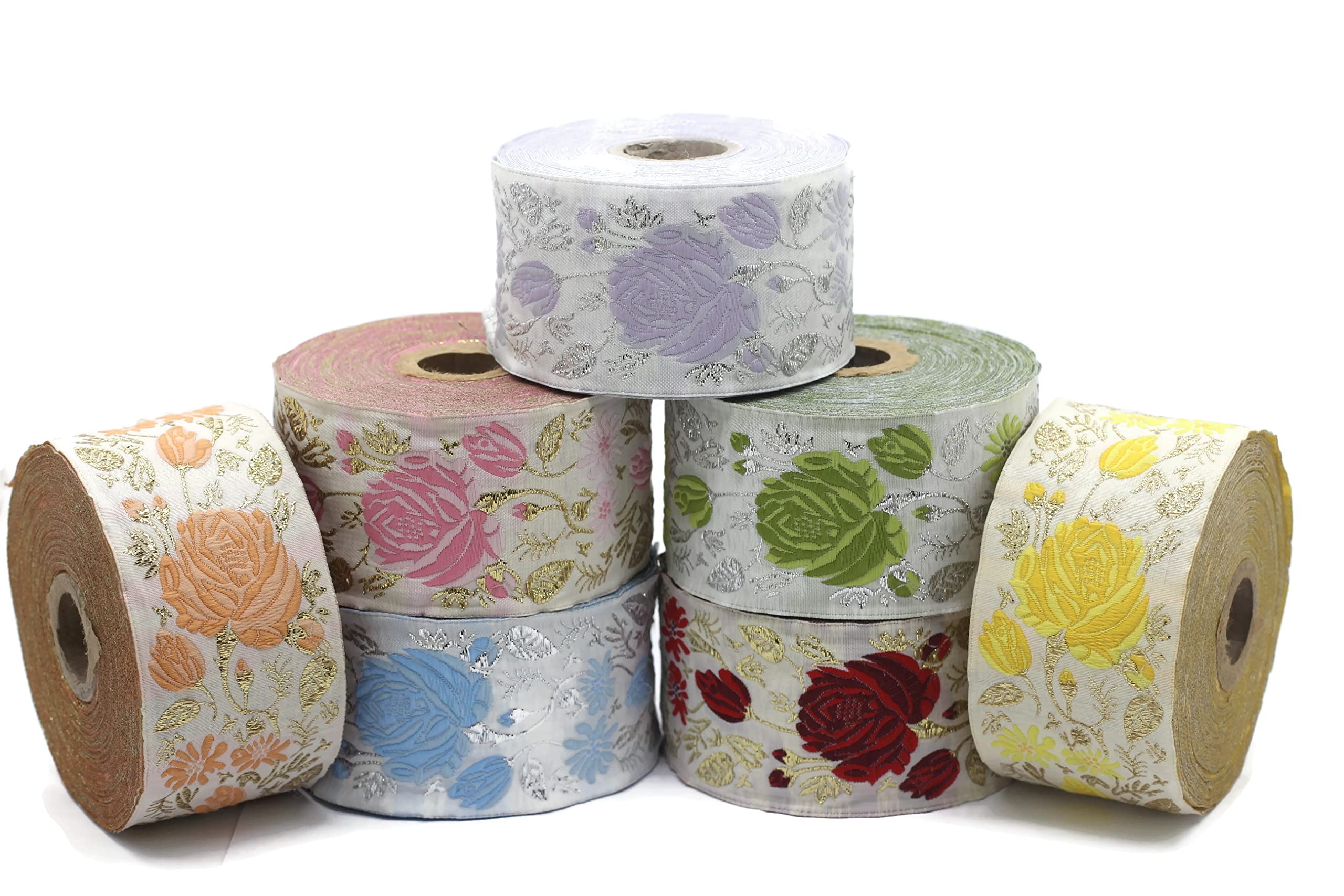 rose original jacquard filling JK【white】 50 mm Pink/White Floral Jacquard Trim (1.96 inches), Rose