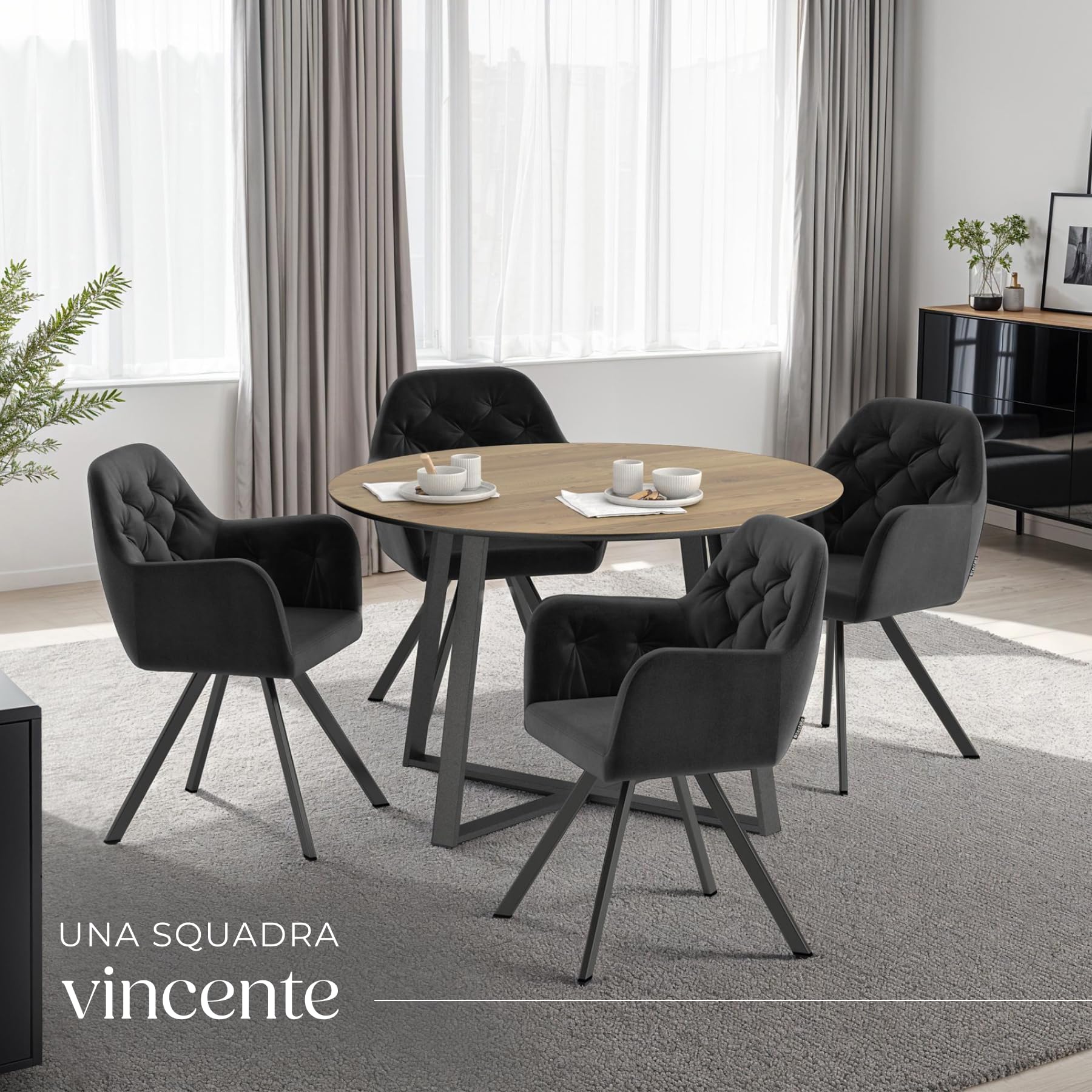 tectake® Set da 4 Poltrona Girevole in Velluto, Sedia Sala da Pranzo con Braccioli, Seduta e Schienale Ergonomici, Rotazione a 180°, Sedia Moderne con Gambe in Acciaio - Nero