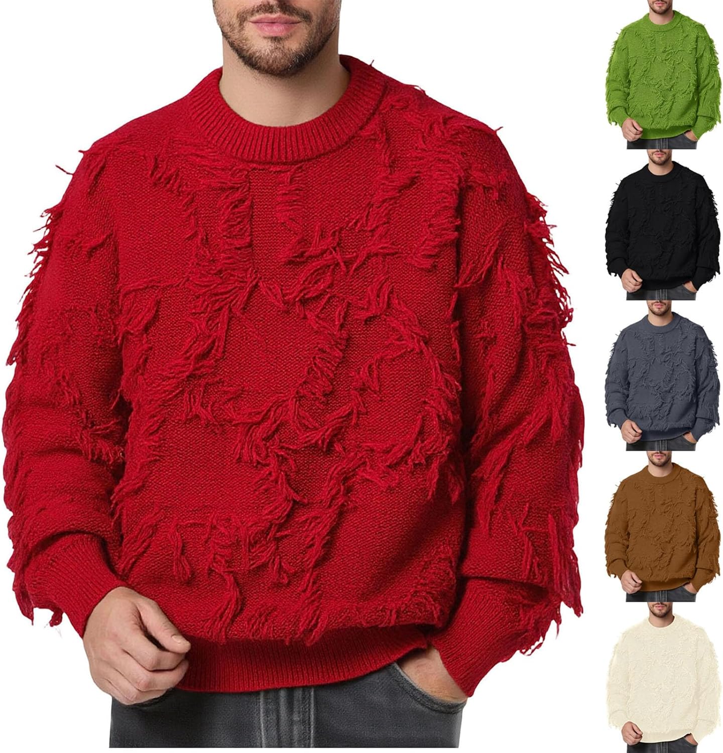 Cambkatl Stylish Tassels Sweaters for Men Loose Crewneck Knitted Pullovers Fall Winter Long Sleeve Casual Sweater Tops