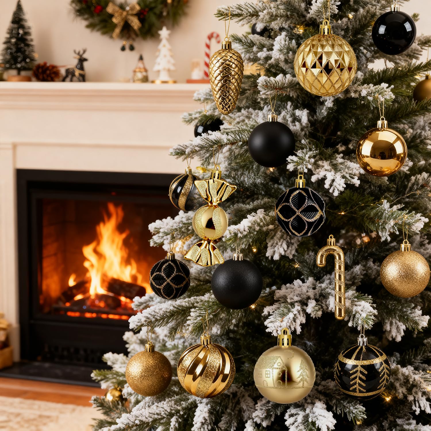 Miaikoe Set di decorazioni per albero di Natale, 63 pezzi, in plastica, antidistruttive, per feste di Natale, inverno, decorazioni per feste (nero e oro)