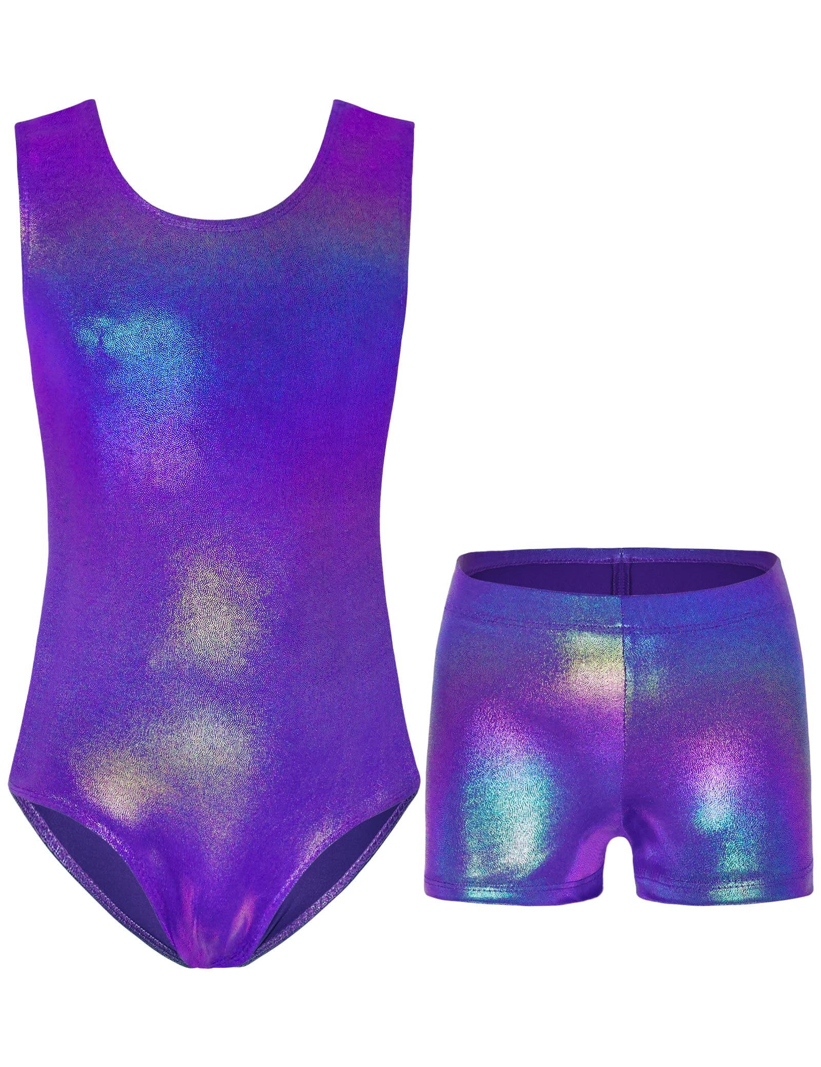 Nymphperi Girls Gymnastics Leotards 2 Piece Shiny Sleeveless Bodysuits with Sparkly Breathable Shorts Suit