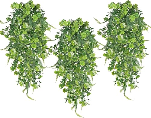 XHXSTORE 3 plantas colgantes artificiales de trébol hiedra falsa helecho boston plantas colgantes resistentes a los rayos UV plantas de plástico