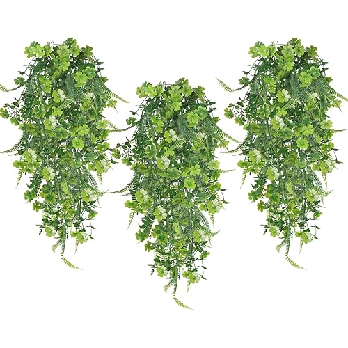 XHXSTORE 3pcs St Patricks Day Decorations Artificial Hanging Plants Clover Plants Fake Ivy Faux Boston Fern Hanging Plants UV Resistant Plastic Plants for Home Wall Garden Decoration (2.62 FT)