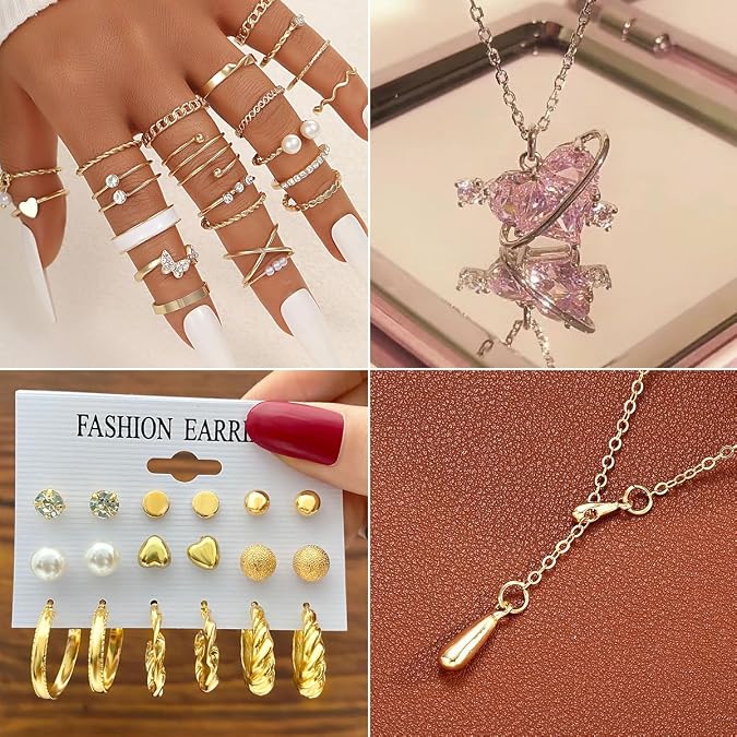 116Pieces Gold Plated Jewelry Set with 8 PCS Necklace, 22 PCS Bracelet, 66 PCS Stud Dangle Earring, 20 Pcs Knuckle Rings for Women Valentine Anniversary Friendship Gifts (GOLD SET)