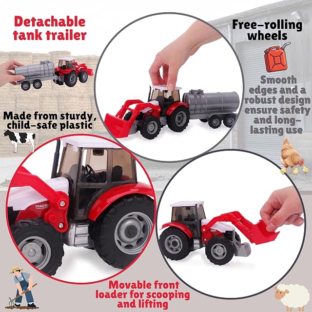 Foto 4 de 8 de Toyland® 36cm (14“) Juego de Granja con Tractor Rojo, Cargador Frontal y Remolque Cisterna Desmontable