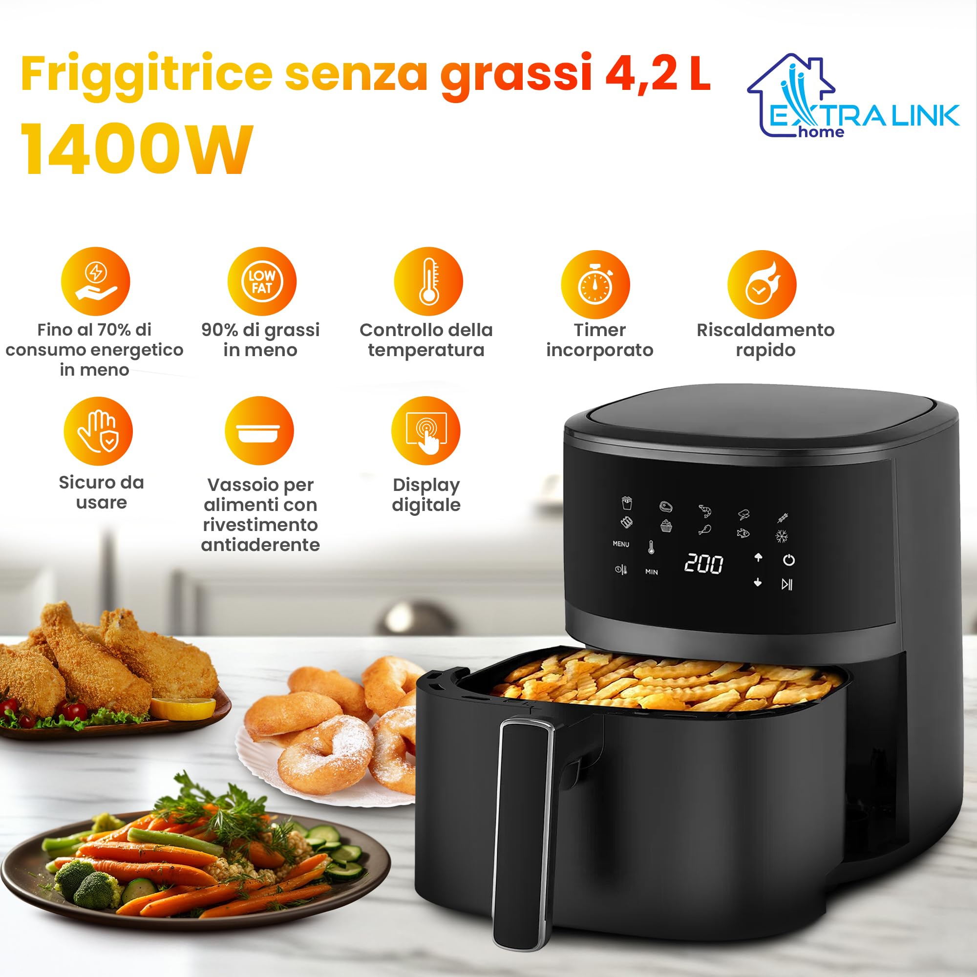 Extralink Friggitrice ad Aria 4,2L 1400W Air Fryer 10 Programmi Touch