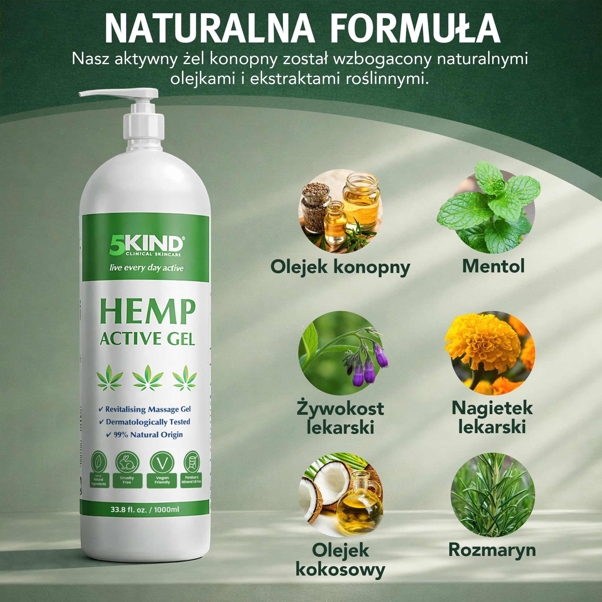 Aktywny Żel Łagodzący na Stawy i Mięśnie z Konopi - Bogata w Naturalne Ekstrakty Formuła Oleju Konopnego Firmy 5kind. Ukojenie dla Stóp, Kolan, Pleców, Ramion (1000 ml