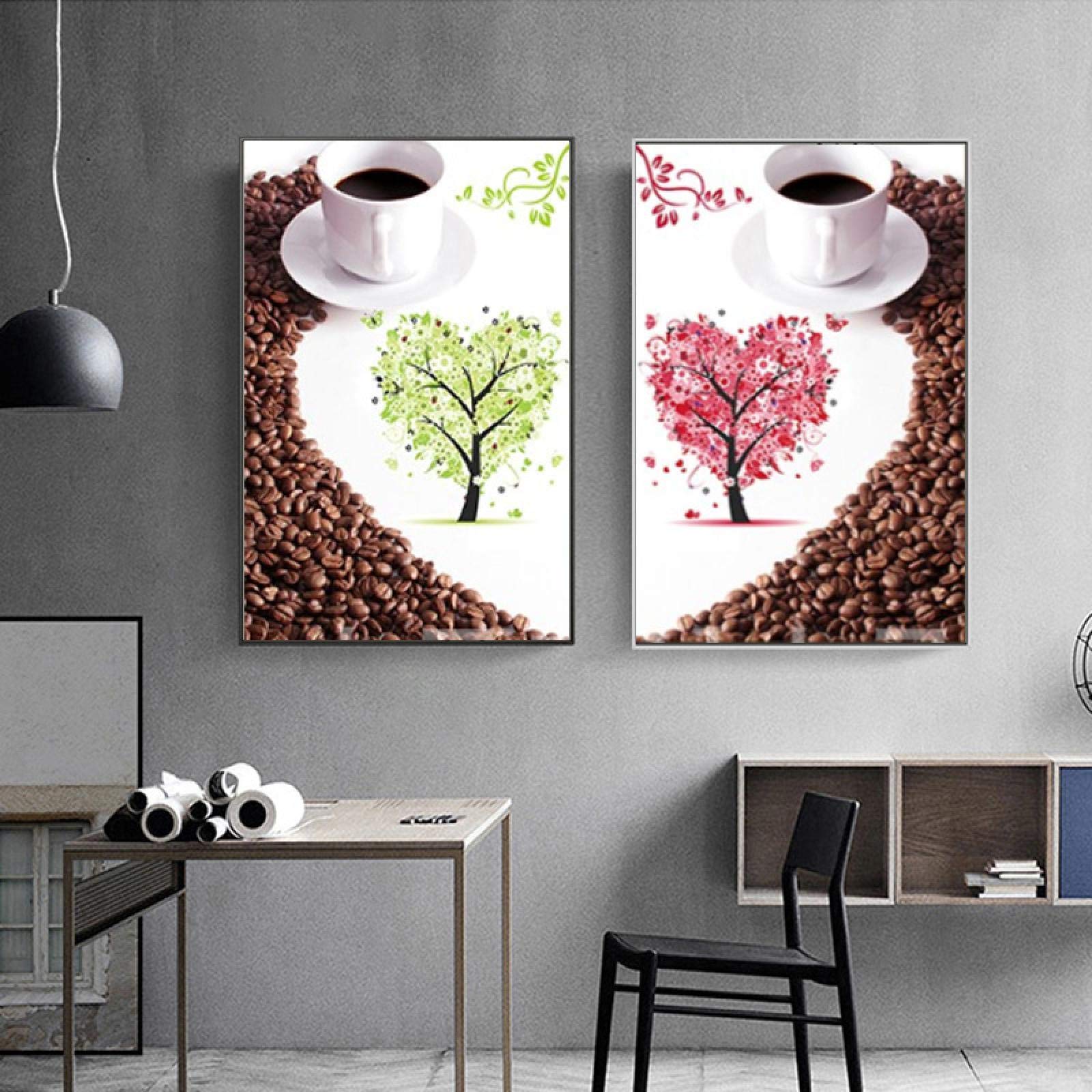 Yooyu Carteles e impresiones modernos Arte de la pared Pintura en lienzo Grano de café Corazón Cartel para la decoración del restaurante Decoración del café 60x80cm (24x32in) x2 con marco