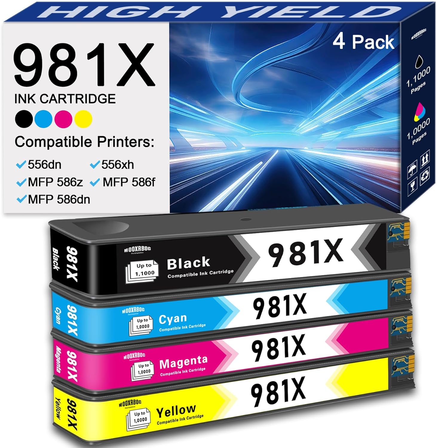 981X Ink Cartridge High Yield Replacement for HP 981X 981 Ink Work for PageWide Enterprise Color 556 556dn 556xh MFP 586 MFP 586z MFP 586dn MFP 586f Printers 4-Pack (Black/Cyan/Magenta/Yellow)