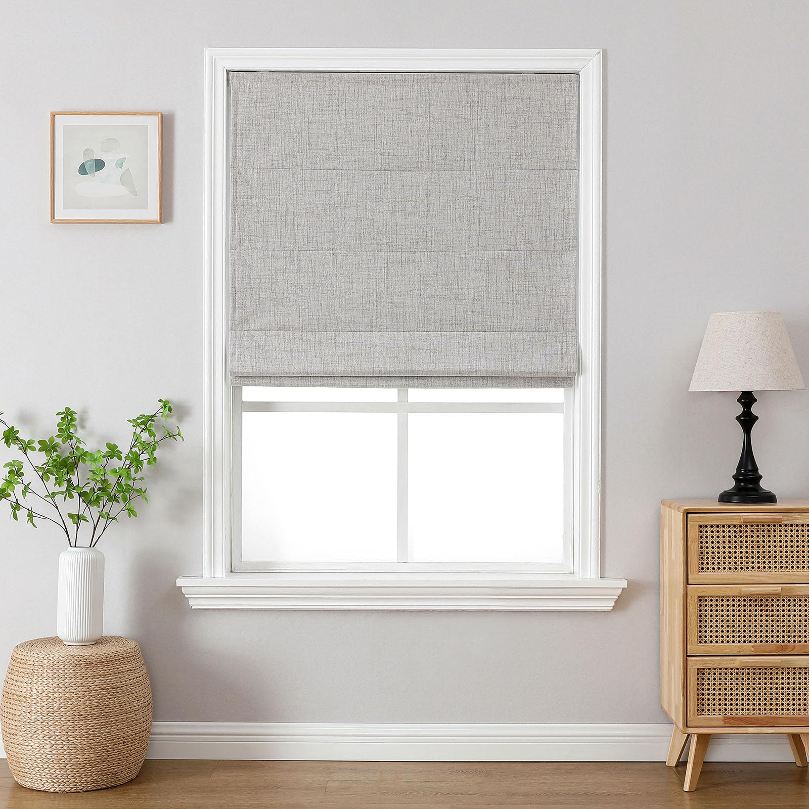 Joydeco Cordless Roman Shades, Linen Fabric Window Blinds, Thermal Insulated Blackout Blinds, Room Darkening Shades for Indoor Windows, Easy to Install, 32" W×72" H, Greyish White