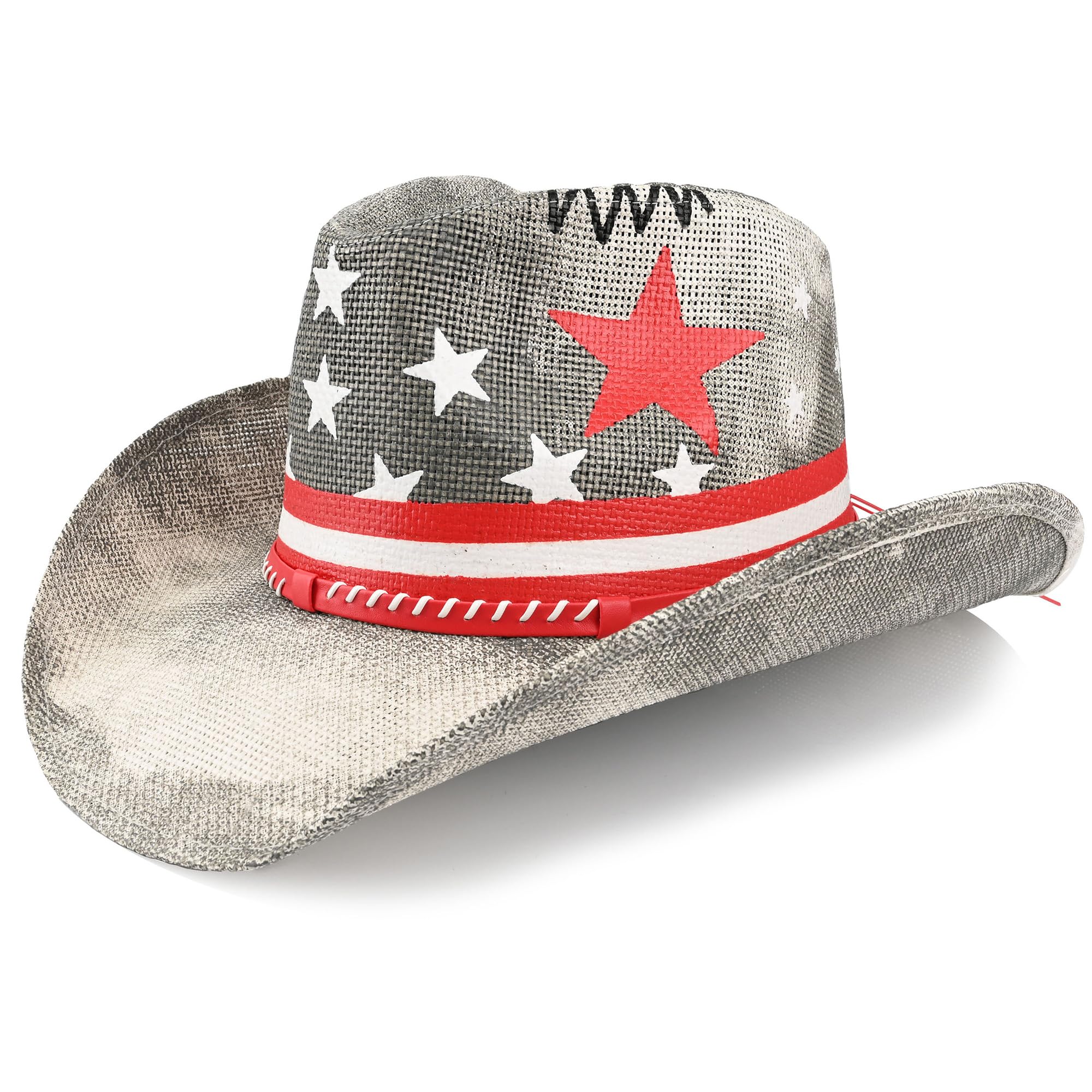 Foeran Cowboy Hat with Men's Women's Western Cowgirl Straw Hats,American Style Braided Faux Leather Strap Grey Star