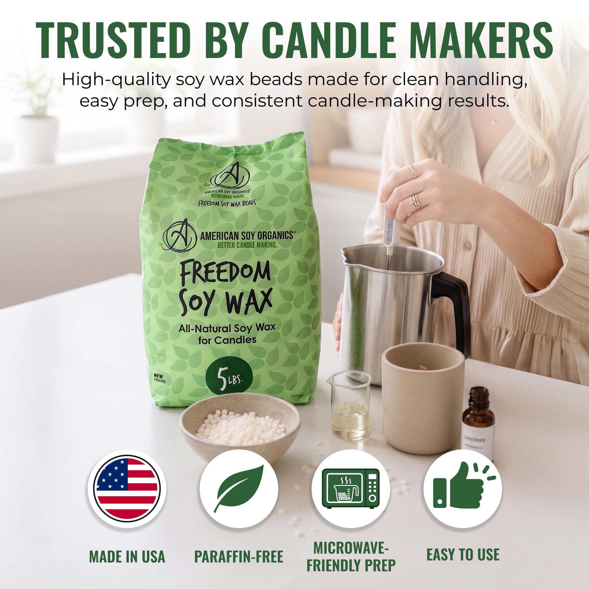American Soy Organics - Perły wosku sojowego Freedom do produkcji świec, wysokiej jakości materiały do produkcji świec sojowych, 2 kg