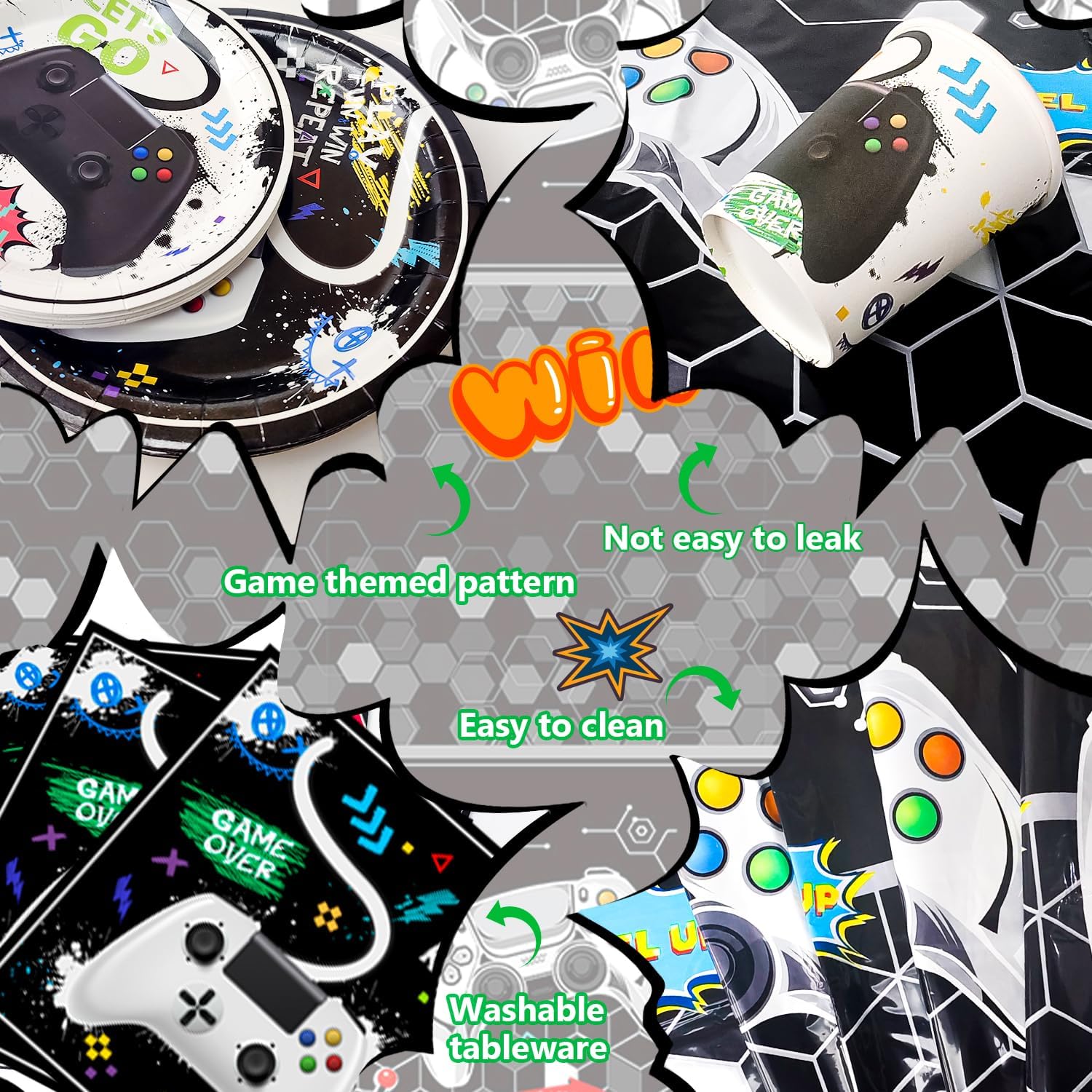 Video Game Party Decorations, 16 Guests Gamer Birthday Decorations Video Game Party Tableware Set Watercolor Gamer Birthday Plates Napkins Tablecloth Balloons Banner etc Gaming Party Supplies