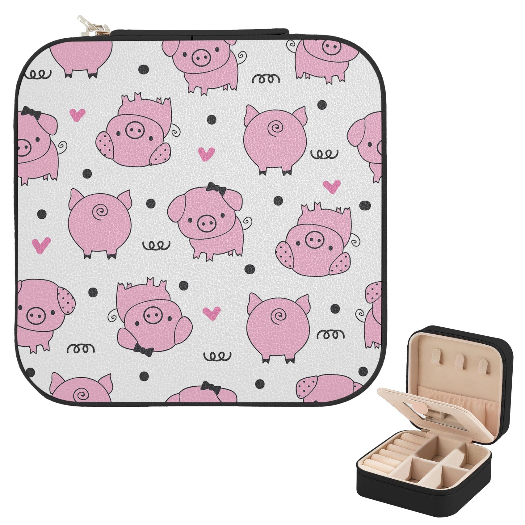 Cute Pig Leather Travel Jewelry Case Organizer with Mirror for Women Small Jewelry Box Portable Mini Jewelry Case