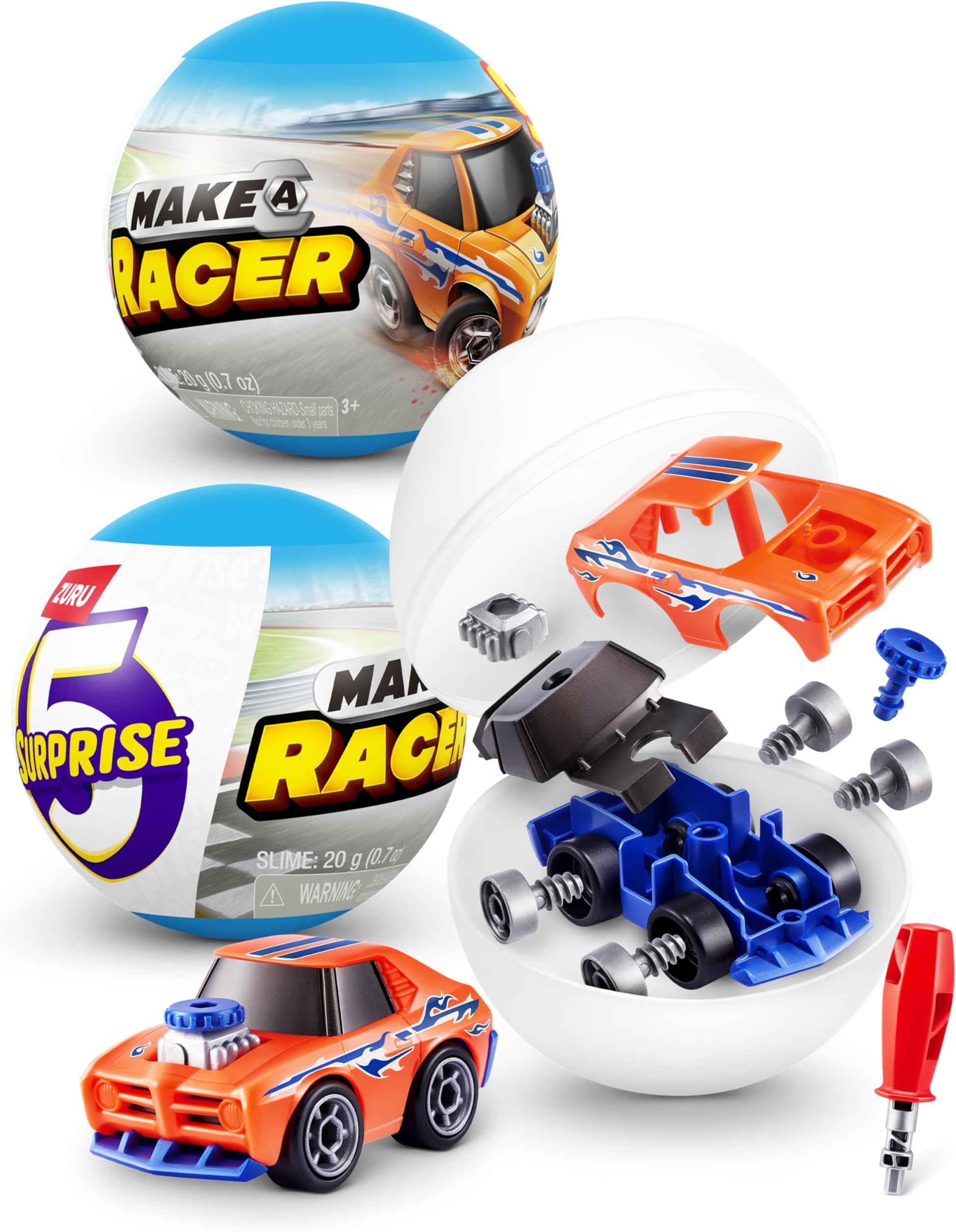 5 Surprise Make-A-Racer by ZURU, UNBOX and BUILD a Race Car Vehicle Toy, Slime Play and More, Fun, Imaginative Toys for Kids, Gift for Boys and Girls Aged 3+ (2 Capsules)