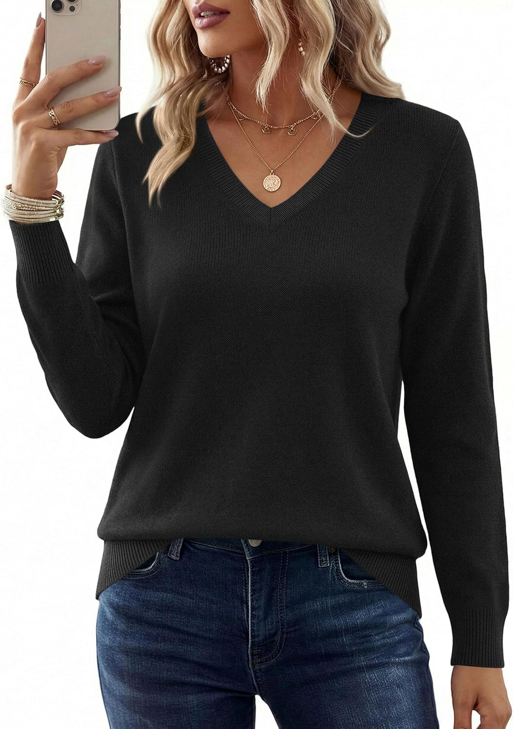 PRETTYGARDEN Women's V Neck Sweaters 2026 Fall Casual Long Sleeve Classic Pullover Cozy Knit Tops Loose Basic Winter Clothing - Image 3