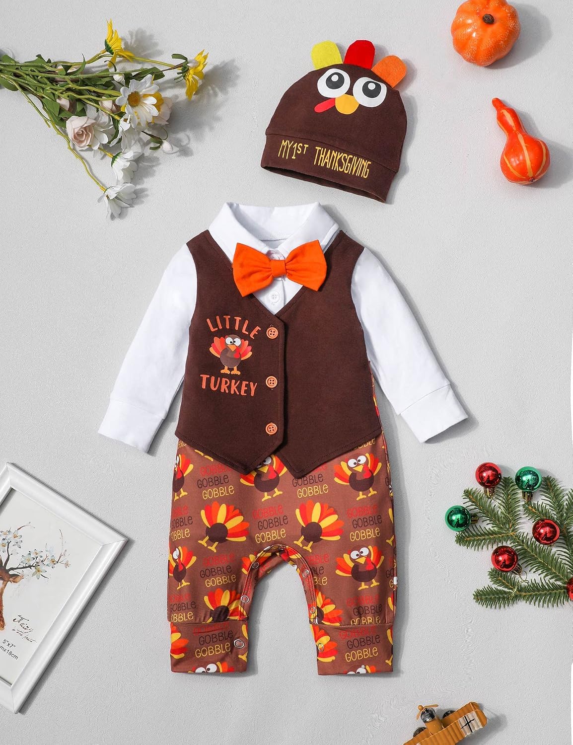 KANGKANG Thanksgiving Baby Boy Outfit Turkey Pattern Gentleman Romper Cute Hat 2 Piece My First Thanksgiving Outfit Baby Boy