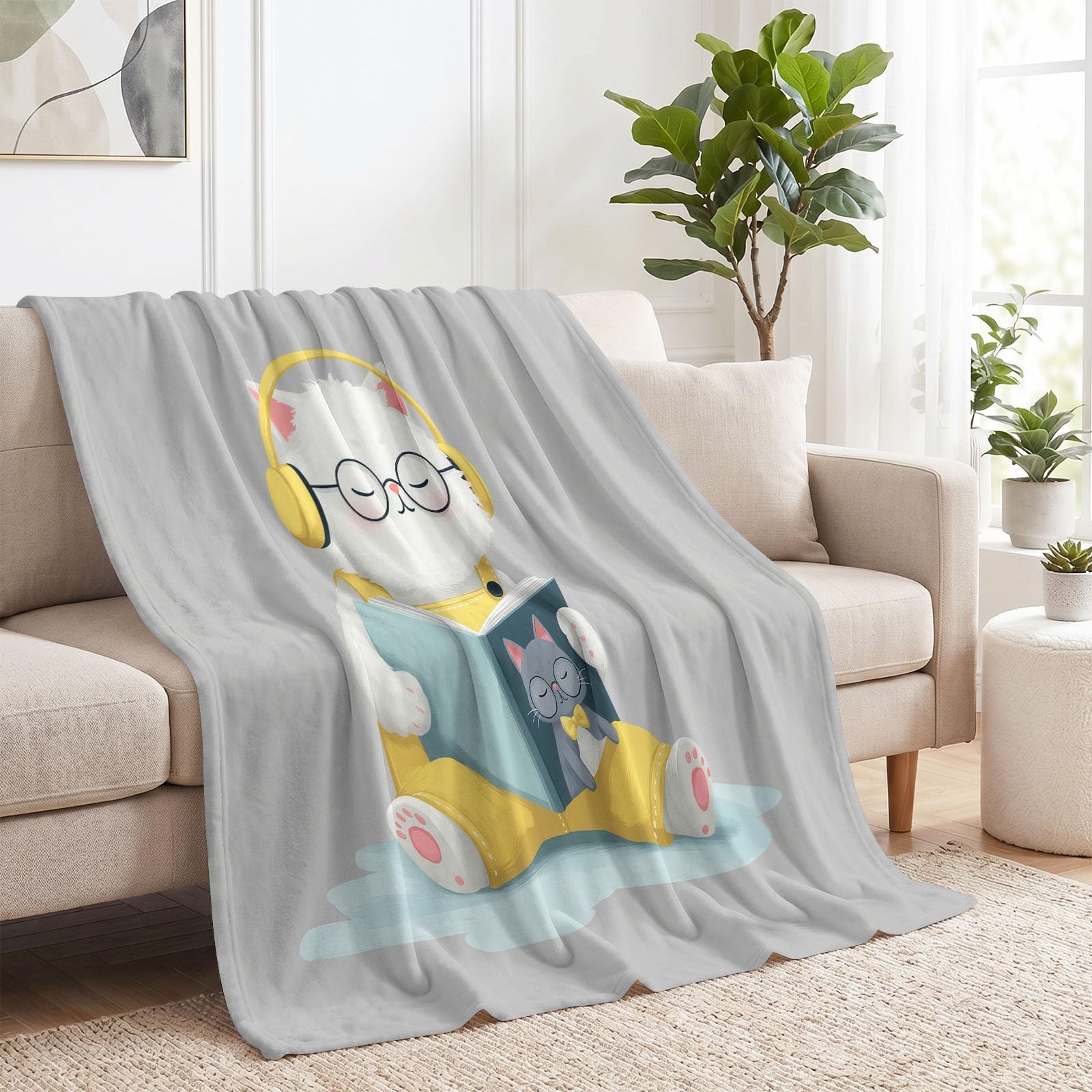 Uroczy koc z motywem zwierzęcym z kreskówki, 150 x 200 cm, miękki, ciepły, puszysty, lekki, oddychający, antyalergiczny, narzuta na sofę, krzesło, kanapy, słuchawki dla kota, dla dzieci, dziewczynki