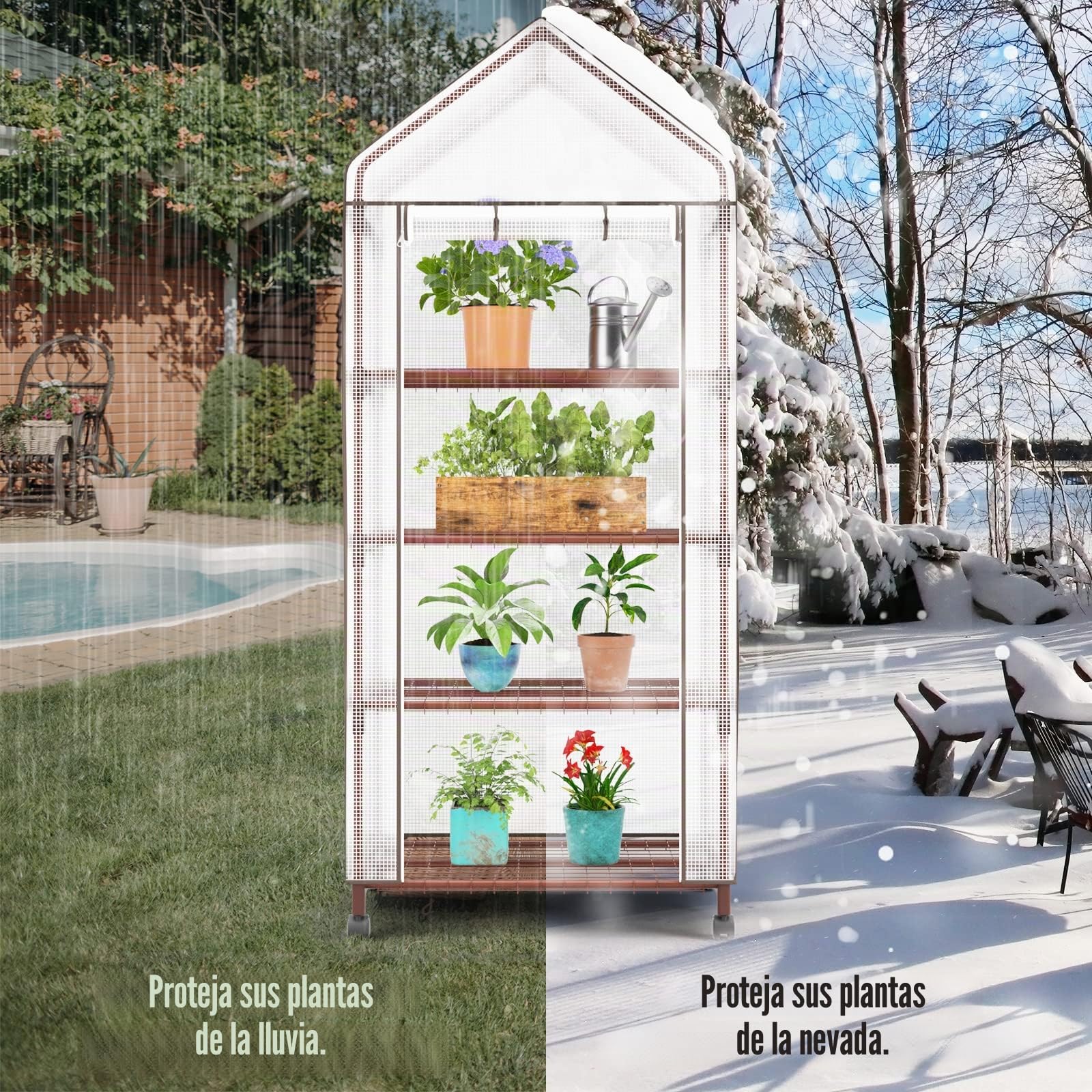 UDPATIO Invernadero Con 4 Niveles, Pequeño Invernadero Con Estantes, Puerta Enrollable, 4 Ruedas Y 4 Ganchos Para Tierra, 171x70x50 Cm, Ahorro De Espacio, Para Balcón, Habitación, Jardín