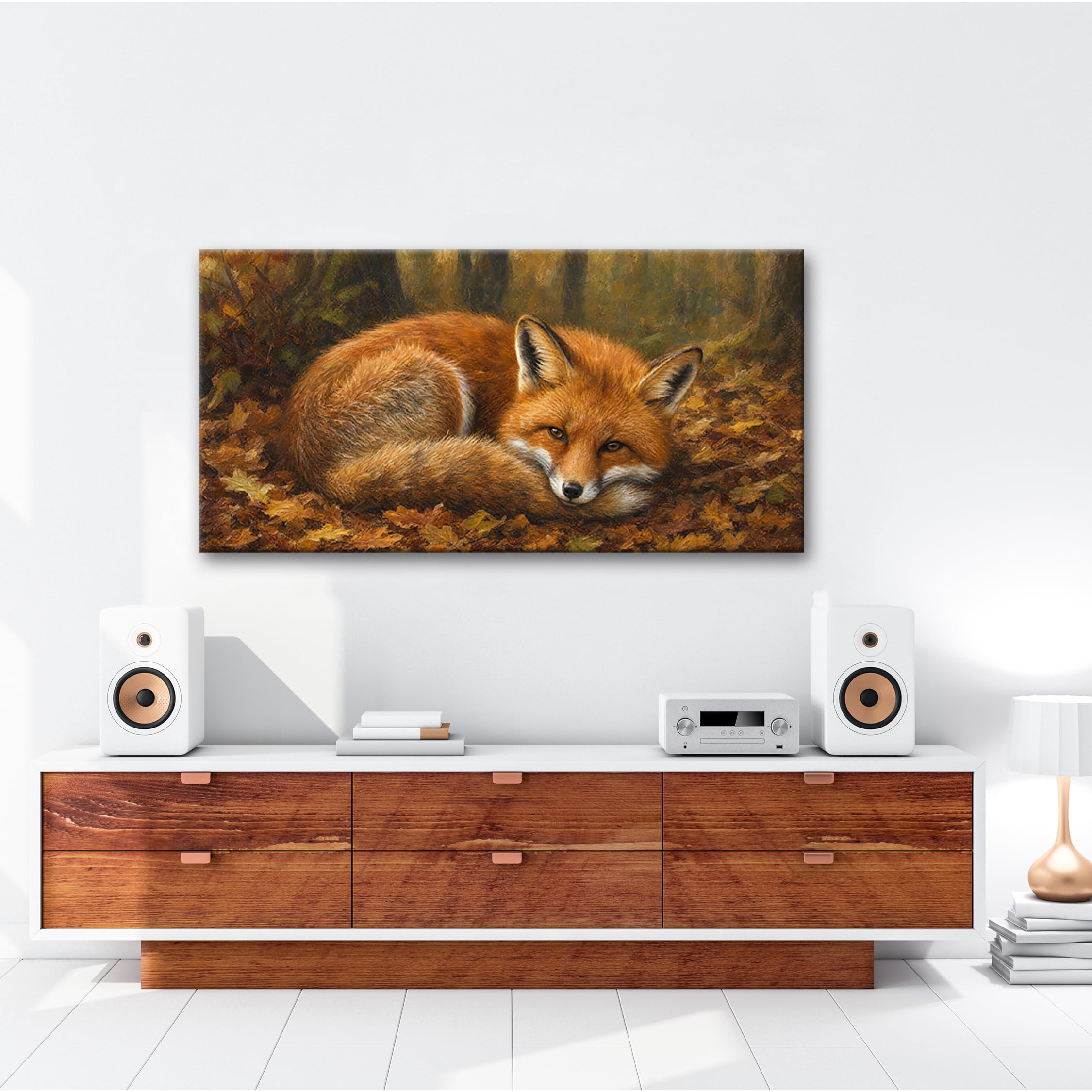 deyoli Obraz na płótnie Uśpiony lis w jesiennych liściach 60 x 30 cm kolorowy