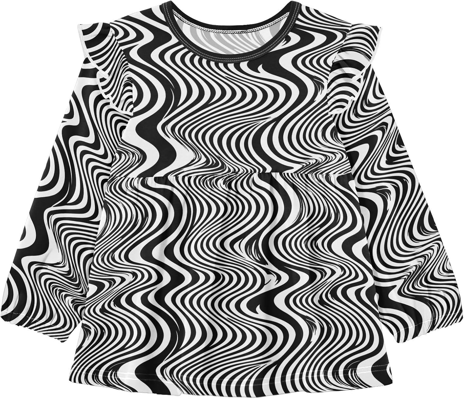 visesunny Toddler Clothes for Girls Wavy Line Illusion Pattern Long Sleeve Fall Shirts Cotton Top with Ruffle Collar