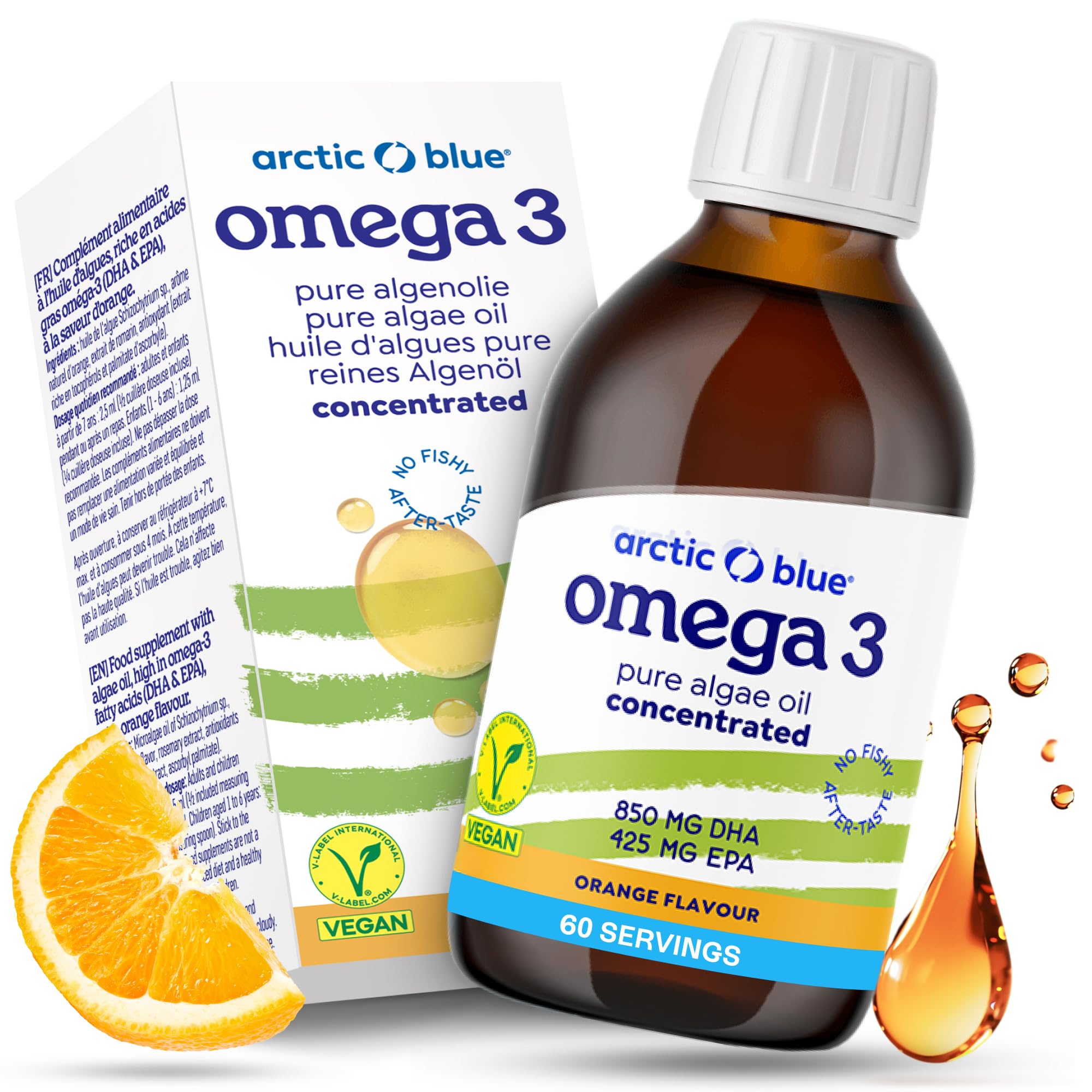 Arctic Blue Oméga-3 Végétal Huile Liquide 150 ml — Orange — 850 mg de DHA + 425 mg d’EPA par Dose (2,5 ml) — Huile de Microalgues Durable — 100% Vegan, Haute Pureté, Sans Contamination Marine