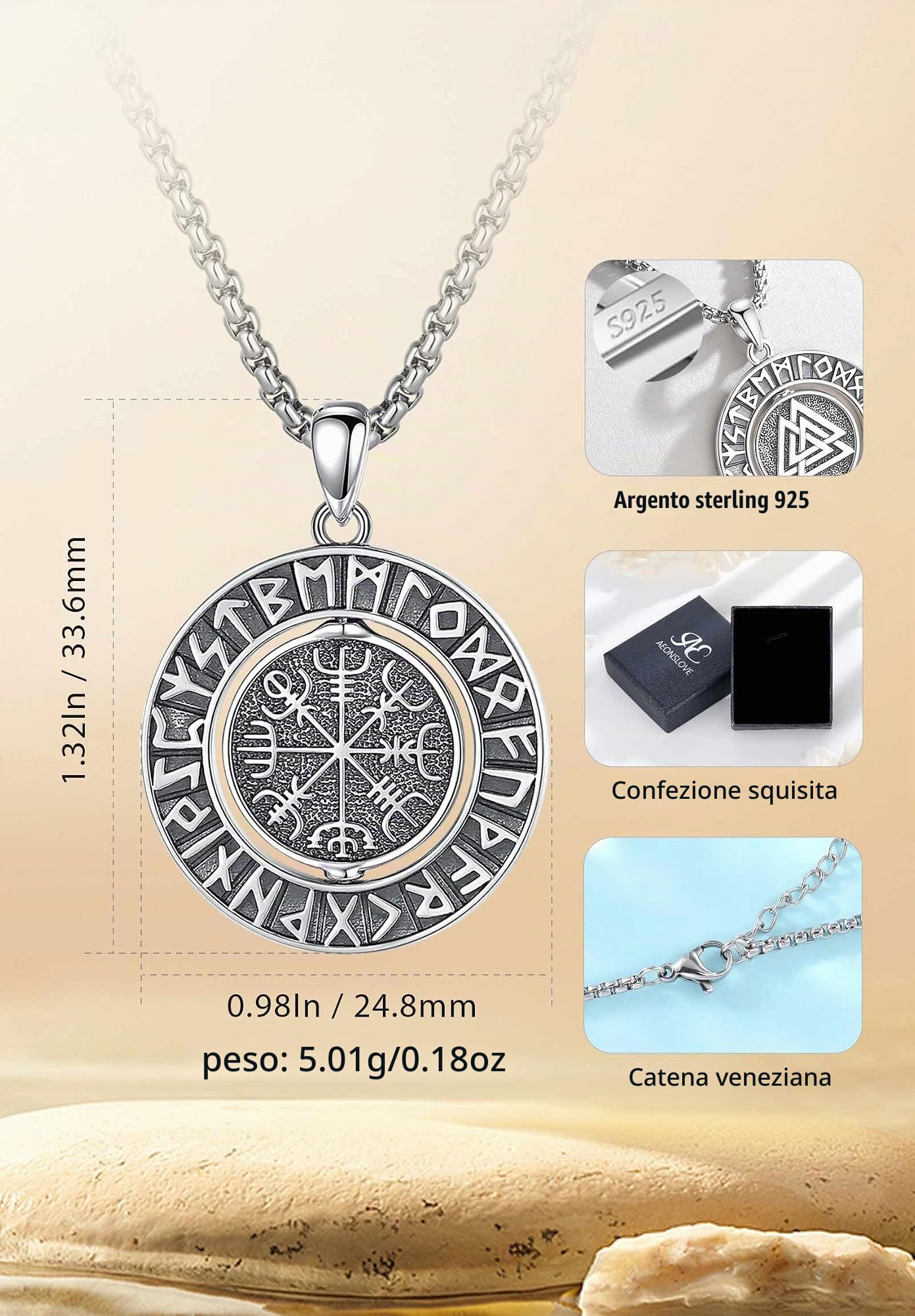 AEONSLOVE Collana Lupo Vichingo Argento 925 per Uomo Donna, Ciondolo Rune Vichinghe/Albero della Vita Yggdrasil/Drago Vintage/Martello di Thor/Vegvisir, Gioielli Vichinghi Uomo