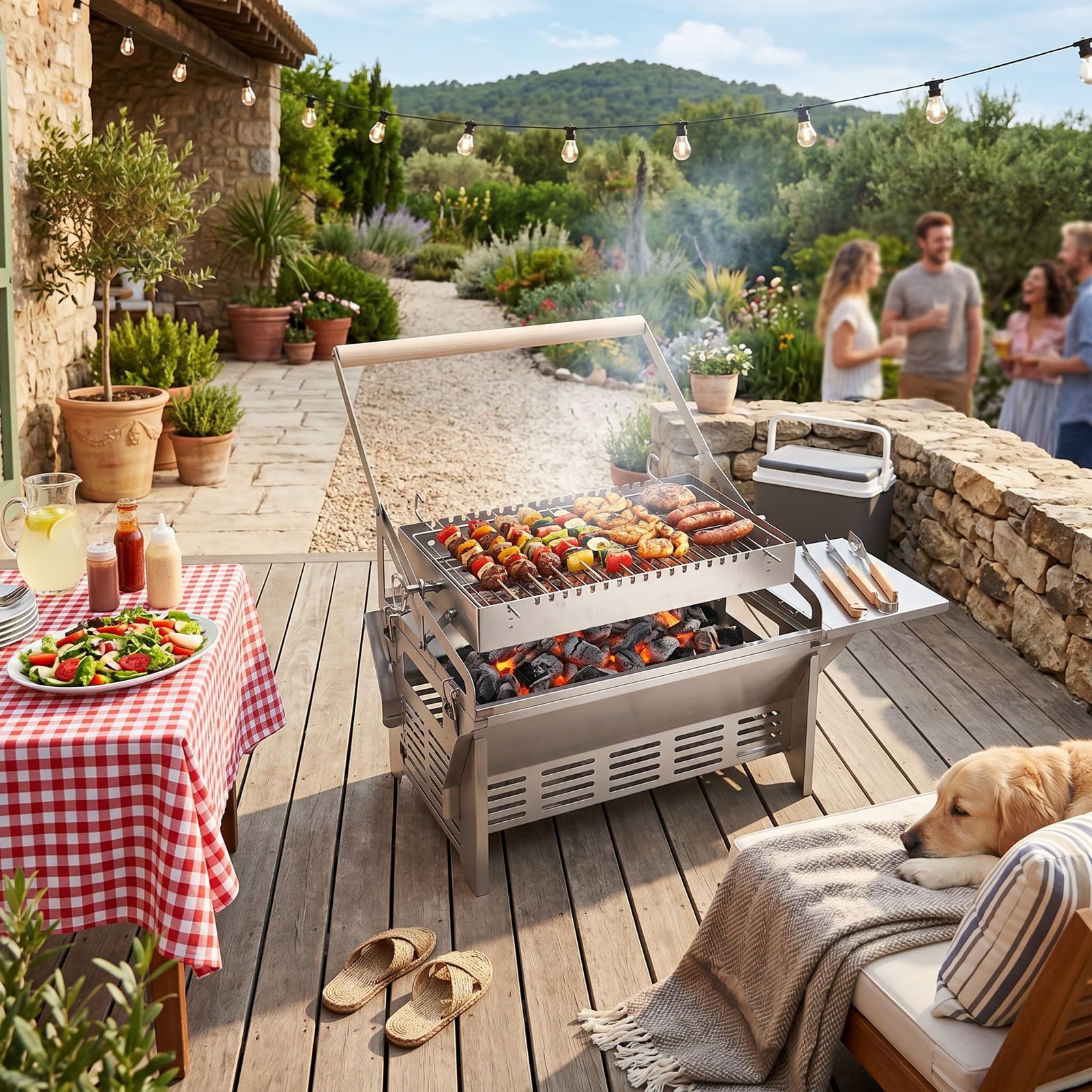 Fdit Obrotowy Grill, Odwracany Grill Węglowy ze Stali Nierdzewnej Przenośne Narzędzie do Grillowania na Piknik Kempingowy Yard Party Gotowanie na świeżym Powietrzu
