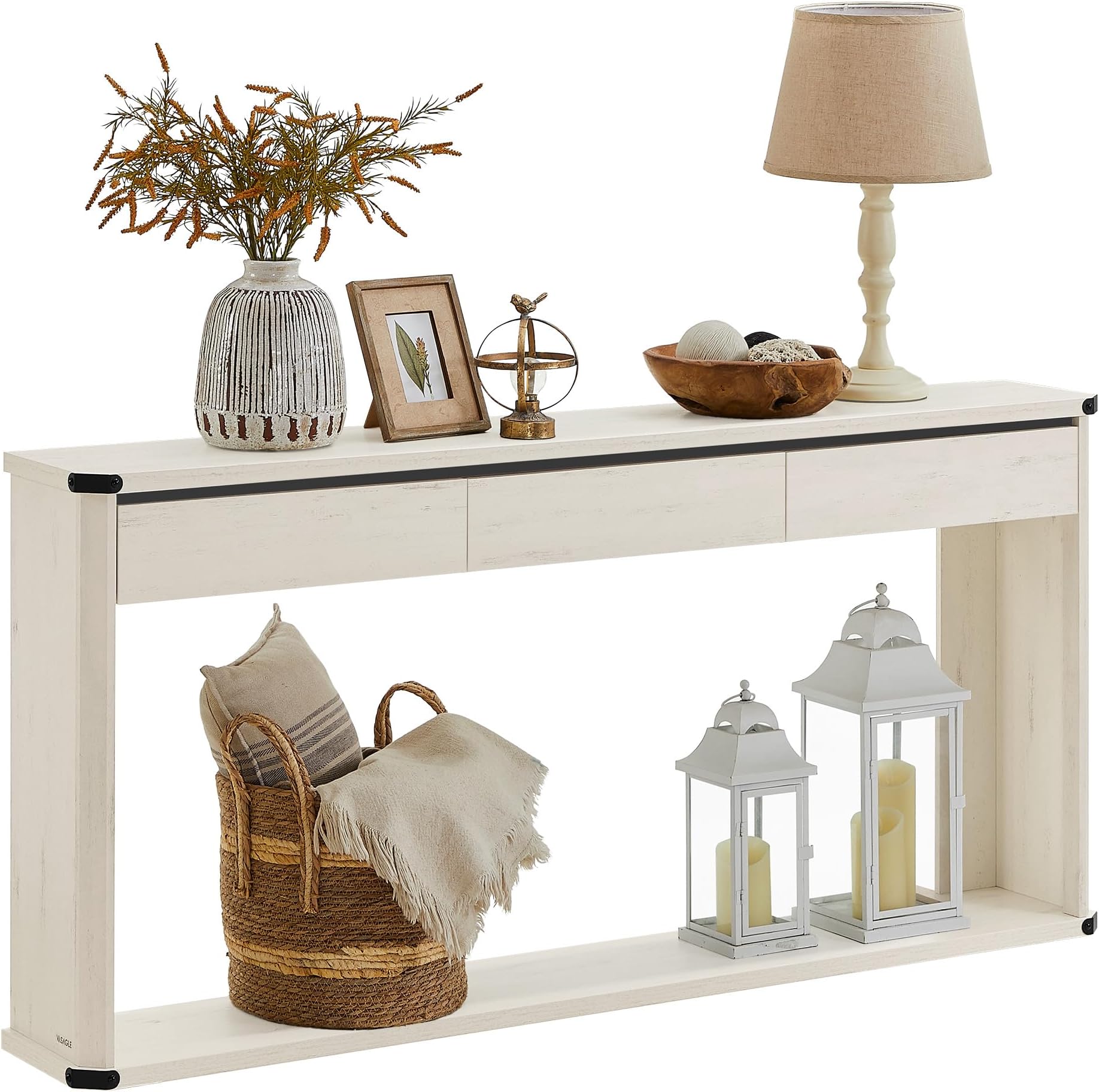 VASAGLE Console Table, 63 Inches Sofa Table, Narrow Entryway Table, Entry Table with 3 Drawers, Bottom Shelf, Metal Corners, for Living Room, Bedroom, Farmhouse Style, Rustic White ULNT146W73