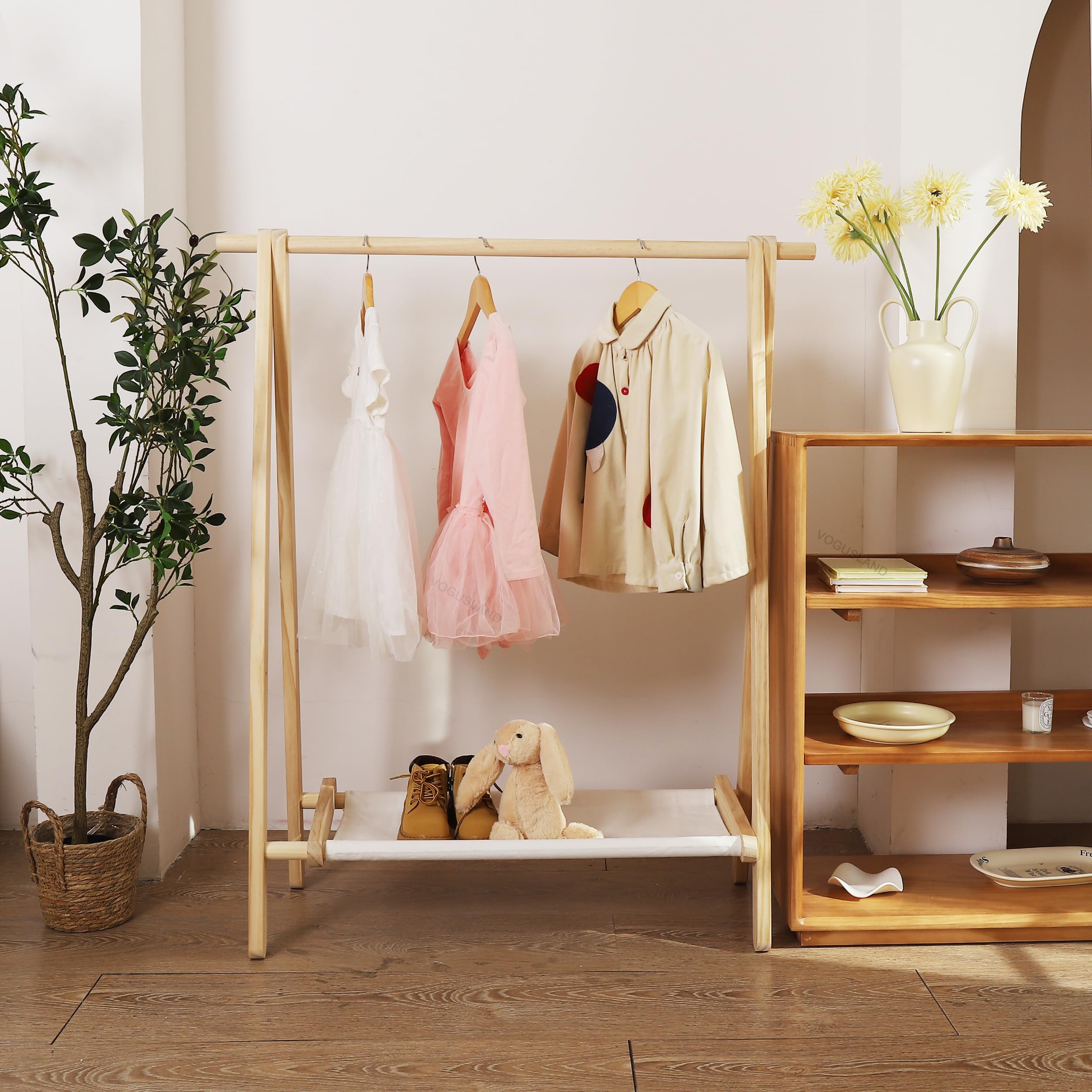 Dress up Rack, Child Garment Rack, Kids Clothing Rack with Storage Shelf (Natural Pine, 38" L x 14.5" W x 43.7" H)