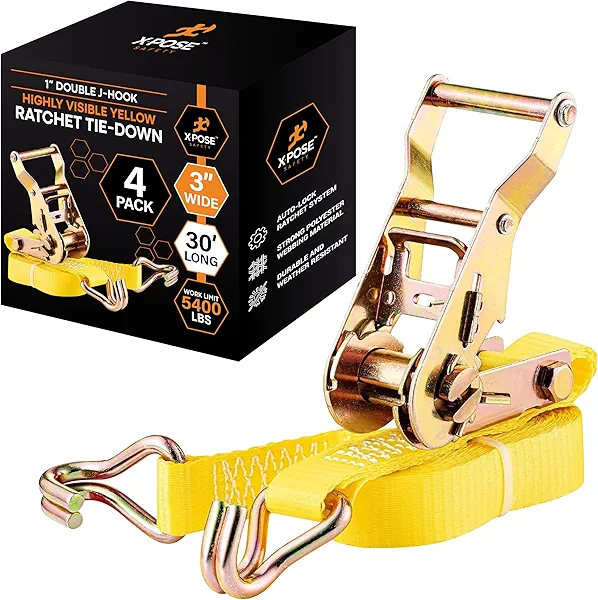 Ratchet Straps Heavy Duty 3" x 30' – 16,200 lbs Break Strength Tie Down Straps with Double J Hooks, Ratcheting Cargo Straps for Truck, Trailer, Kayak, Motorcycle & Moving – 4 Pack
