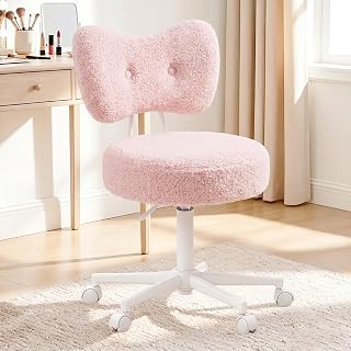 GRANNY SAYS Vanity Chair with Back, Teddy Fleece Desk Chair for Girls, Small Office Chair with Silent Wheels, Stylish Comfort, Gentle Pink