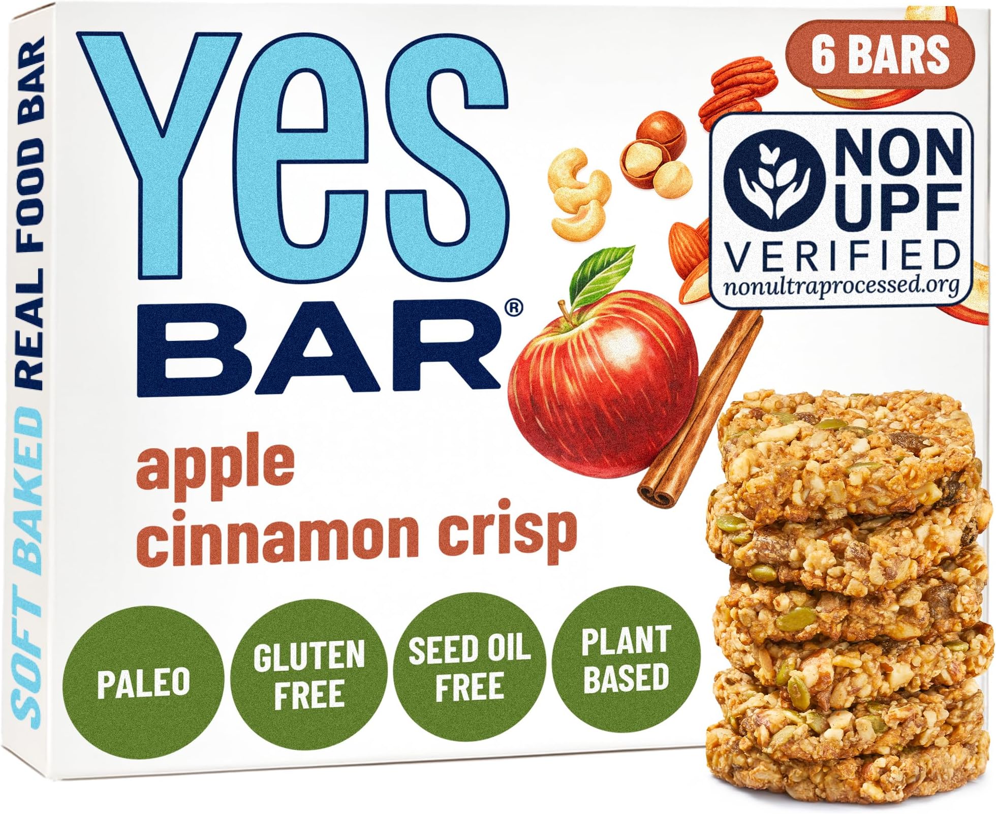 YES Nut Bars - Apple Cinnamon - Soft Chewy Healthy Snack Bars Made with Organic Maple Syrup – Vegan, Paleo, Gluten Free, No Refined Sugar, Dairy Free, Plant Based Protein, Low Sugar - 6 Count