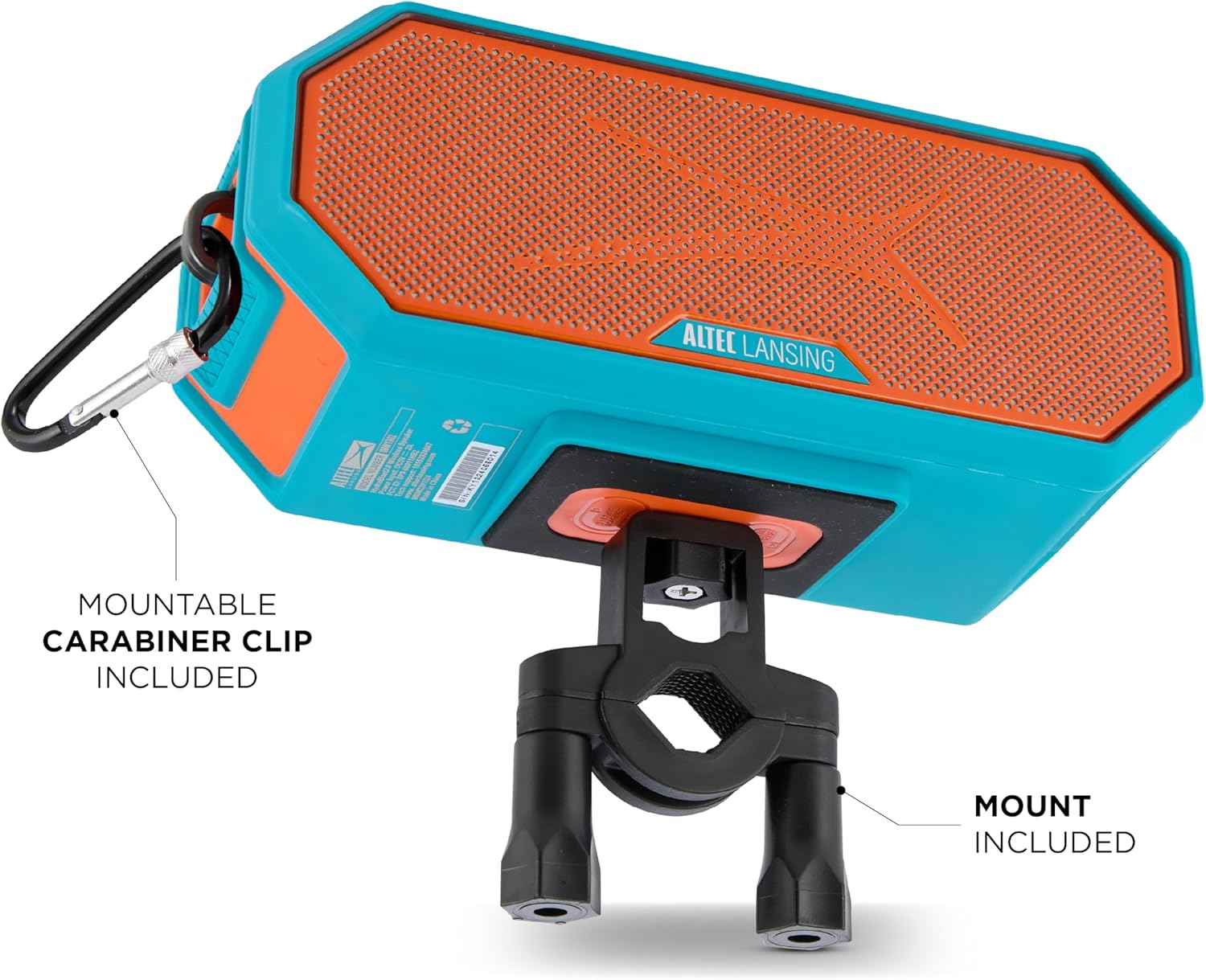 Altec Lansing HYDRABLAST 2.0 speaker attached to a bicycle handlebar using the included mount and carabiner clip.