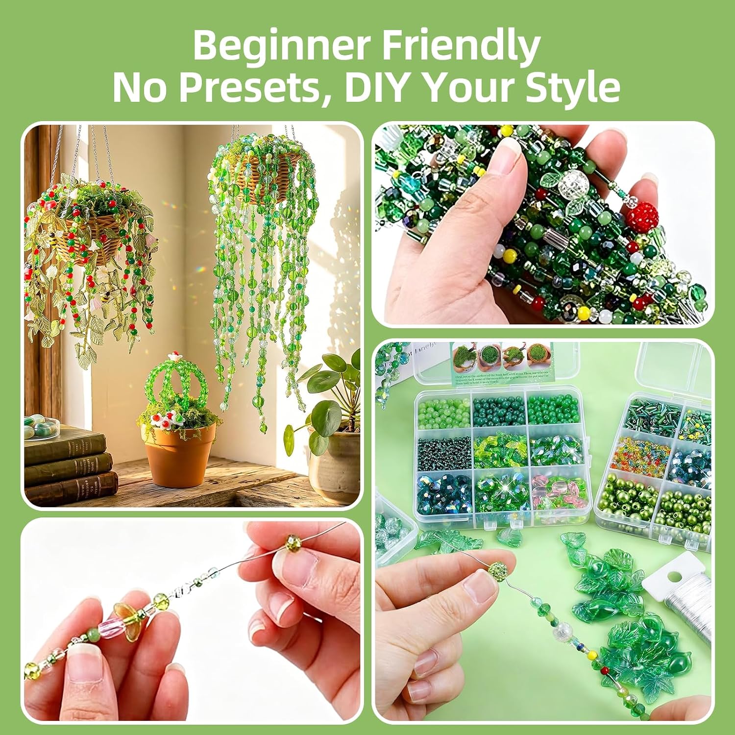 RAIN-MOOSE All-in-One Green Beaded Plant Kit with Rattan Planter & Tools Included, 4100+ Pcs 28 Styles Green Beads, DIY Suncatcher Hanging Decor for Home, Jewelry Making & Craft Gift for Adults Teens