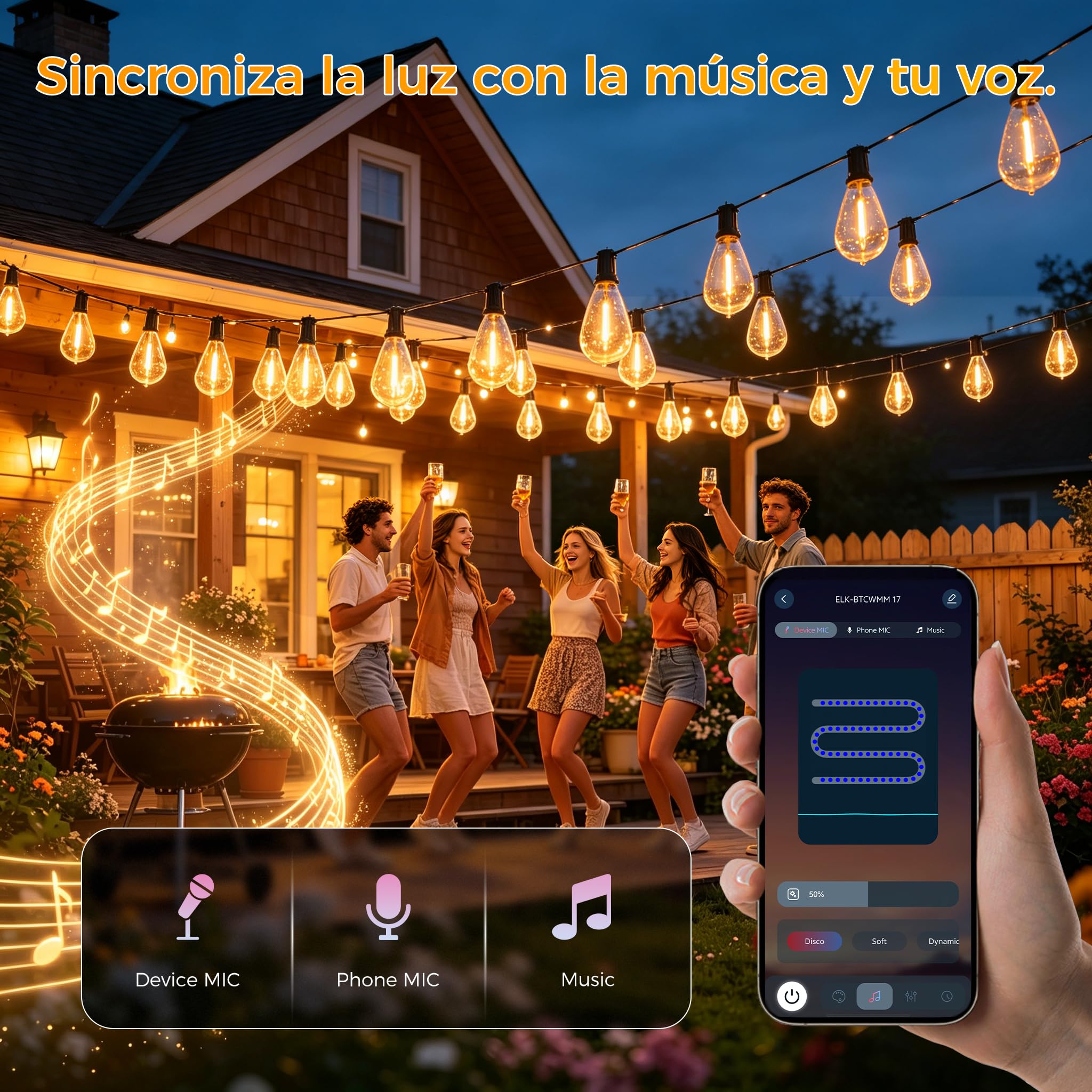 HeiPard Guirnalda Luces Exterior 30m, Luces LED Exterior con 50+2 S14 Bombillas 2700K, Mando RF y APP Inteligente, Regulable 4 Brillo 3 Modos, IP44 y Seguro 24V, para Luces Exterior Jardín y Terraza