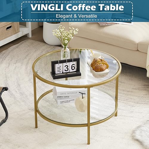 Miniatura 4 de VINGLI Mesa de Centro de Cristal, Mesa de Centro Redonda de 25.6" Dorado Champán para Sala de Estar, Mesa de Centro de Cristal de 2 Niveles con Oro
