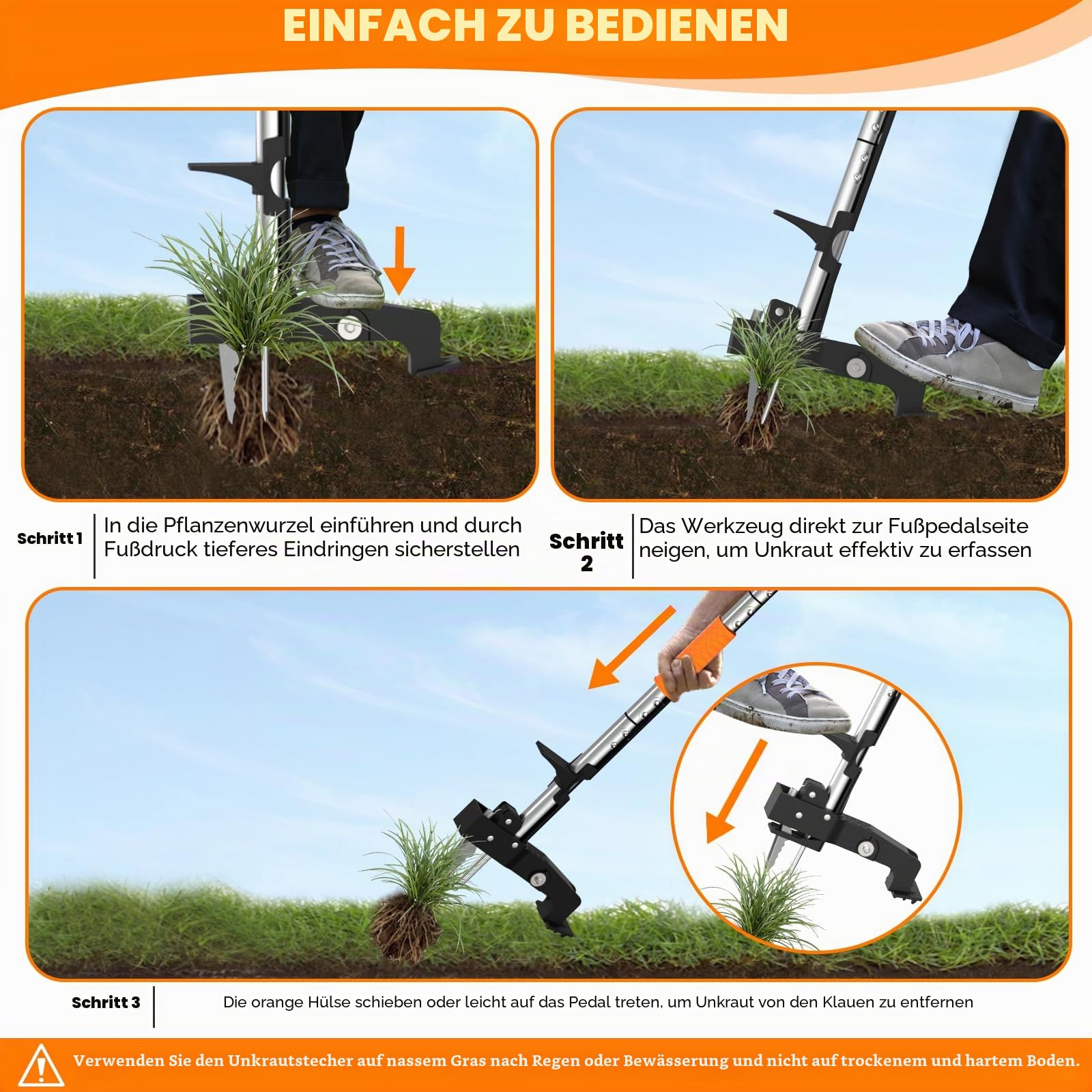 Unkrautstecher, Stand-Up Unkrautentferner mit Stiel, Unkrautzieher mit 4 Krallen, Gartenjäterwerkzeug mit Ergonomischem 99cm Langem Griff, Robustes Gartenwerkzeug-Werkzeug ohne Bücken oder Knien