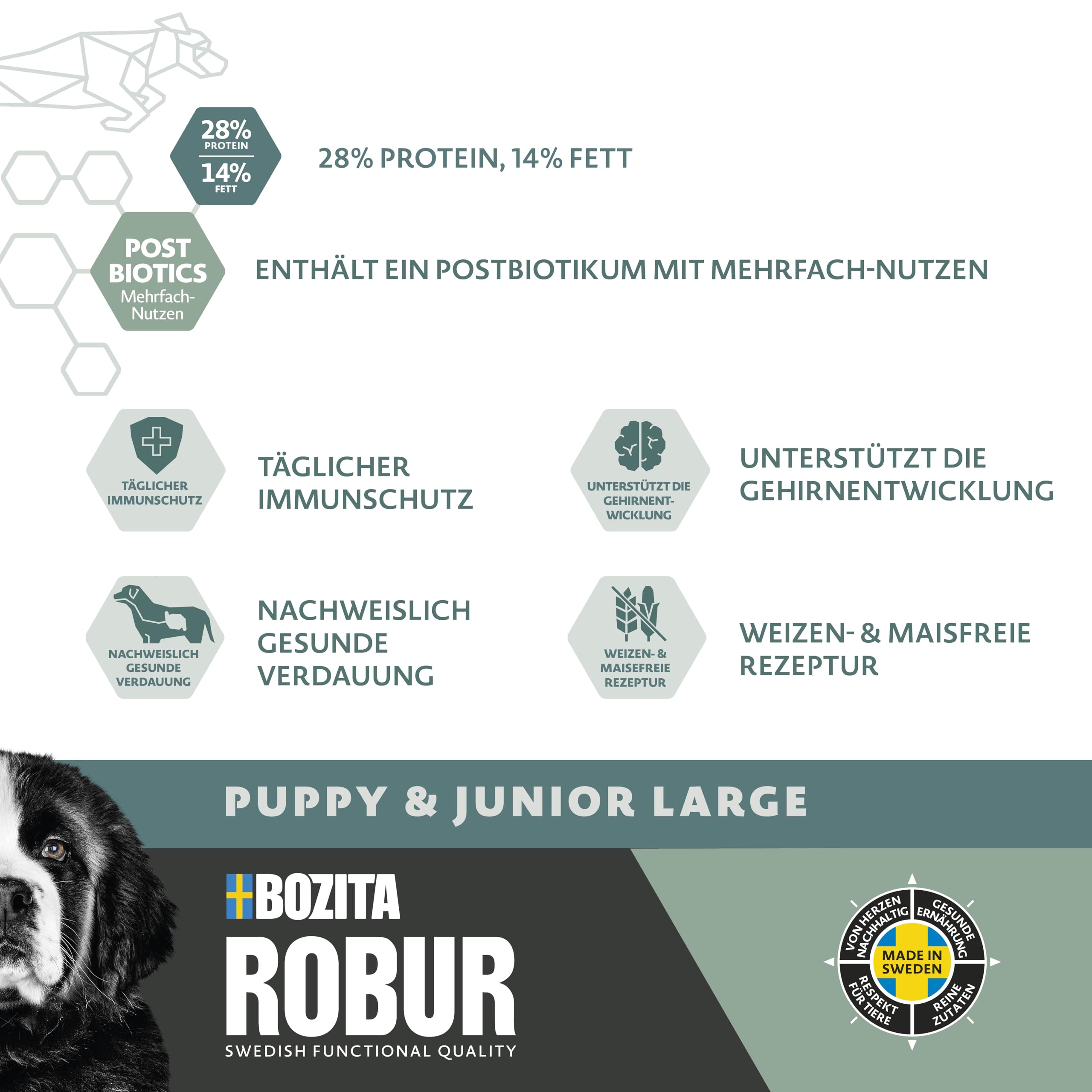 Bozita ROBUR Puppy & Junior XL Huhn 12kg - Welpenfutter Trockenfutter mit hoher Akzeptanz, Postbiotika, ohne Weizen für mittelgroße bis große Rassen und Welpen die eine große Krokette wollen