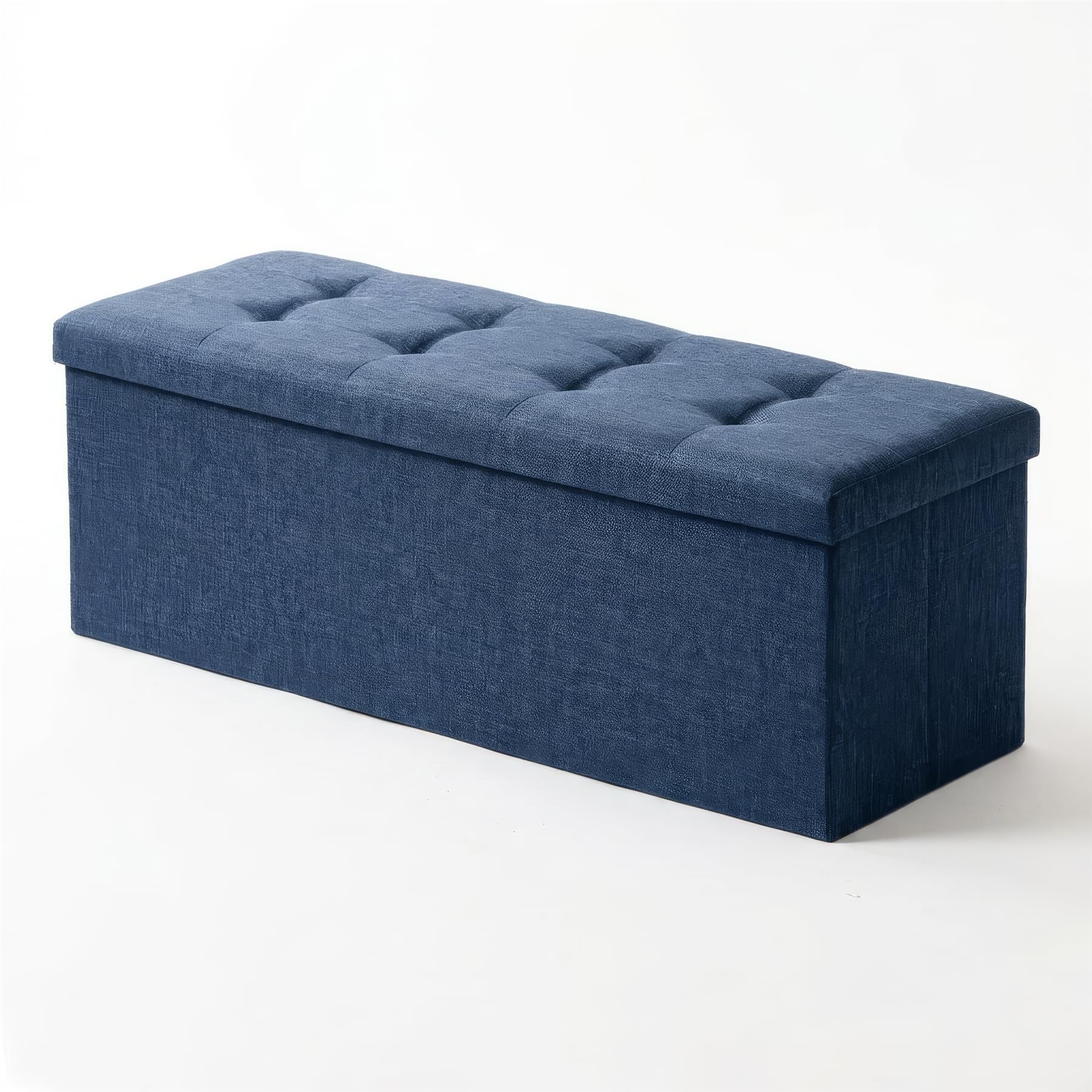 Harbour Housewares Foldable Storage Ottoman - 111 x 37 x 39cm - Navy Linen - 1x Large Wooden End of Bed Bedroom Living Room Toy Chest Shoe Box Blanket Bench Footstool Foot Stool Seat with Lid