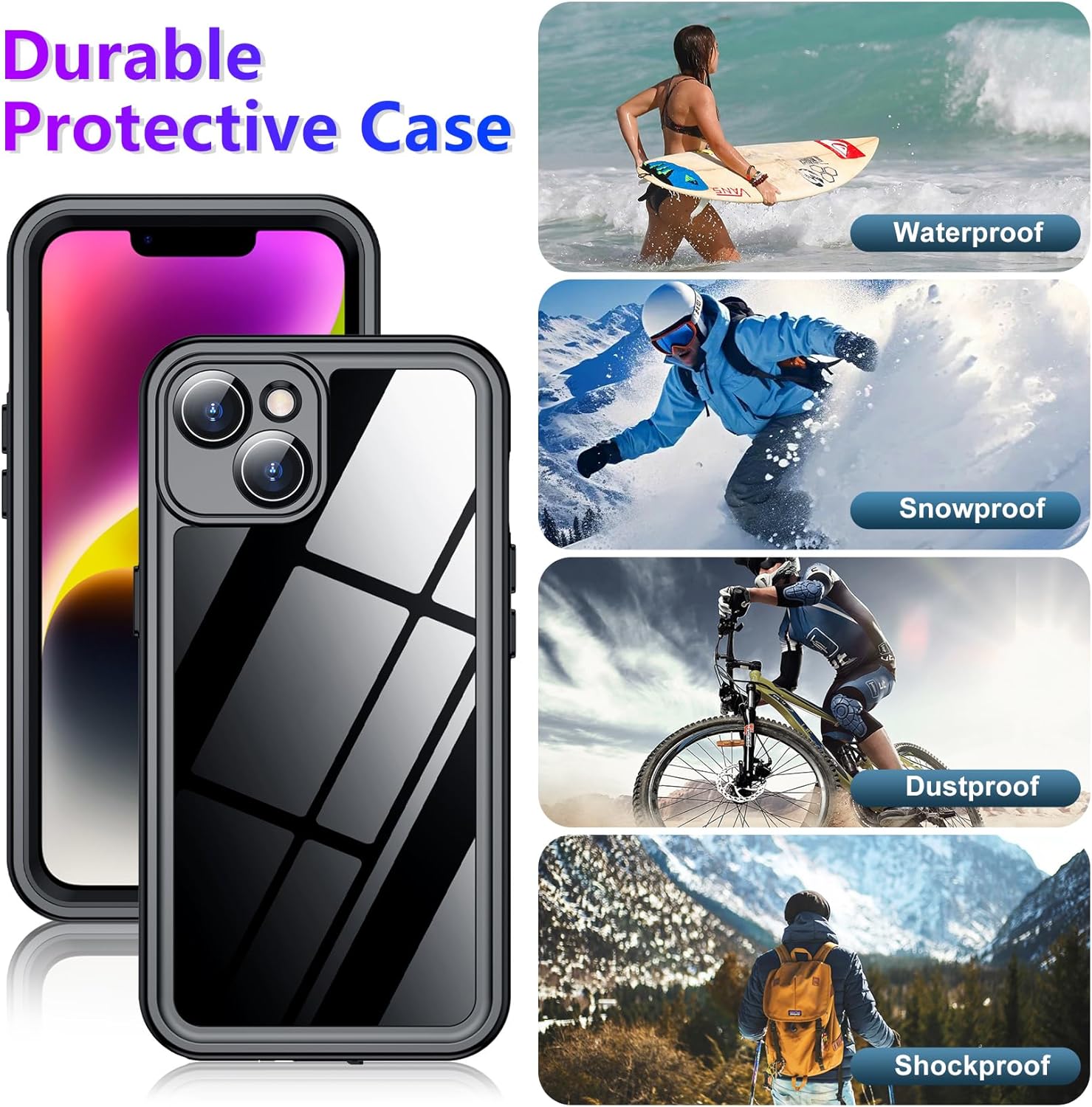 Temdan Compatible with iPhone 14 Case Waterproof, Built-in Screen & Camera Protector IP68 Underwater Full Body 14FT Military Dropproof Shockproof Phone Case 6.1"-Black/Clear - Image 5